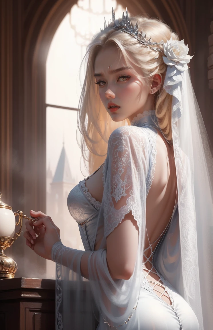 { - anatomy error}(Masterpiece - Ultra-detailed, very high resolution) Prepare to be enchanted by a true masterpiece that combines ultra-detailed art with high-resolution rendering. This work depicts a mesmerizing woman with very long blond hair (1.3) and captivating gray eyes (1.2), emanating an aura of elegance and mystery in Victorian settings. The intricate details and realistic textures invite you to explore every aspect of this enchanting composition. Woman wearing beautiful classic Victorian costume from the year 1878. Red lips. Happy face. Smiling. white (white) dress. de costas, looking back, com o queixo recostado ao ombro, dynamic poses. Get ready to dive into a world where beauty and craftsmanship merge perfectly.