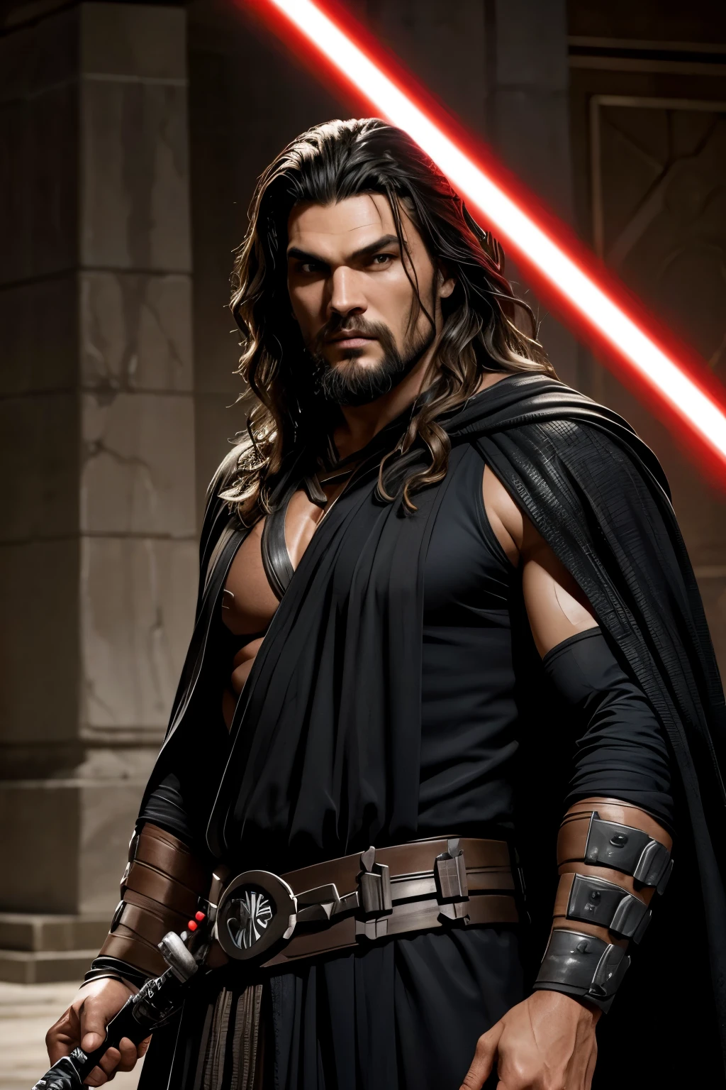 Jason Mamoa is a Sith, from star wars, using a lightsaber, Sith clothes, in a temple, eye detailed, perfect eyes, blye eyes, hand detailed, ultra detailed