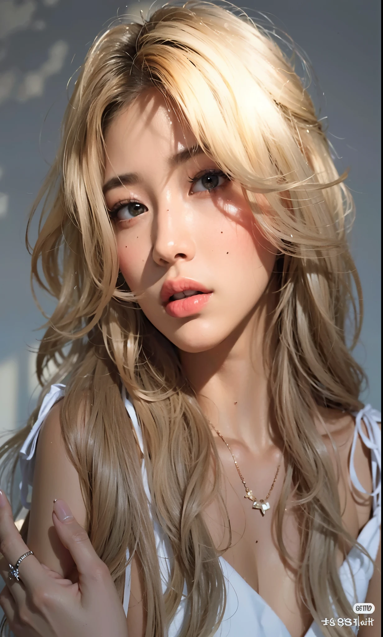 Mujer rubia con pelo largo y un vestido blanco posando para una foto., una chica con cabello rubio, con pelo largo y rubio, parque roseanne de blackpink, hermosa mujer surcoreana, peinado de corte hime blanco, pale skin curly blonde hair, pelo largo y rubio y ojos grandes, muchacha coreana, hermosa joven coreana, heonhwa choe, con el pelo largo y blanco