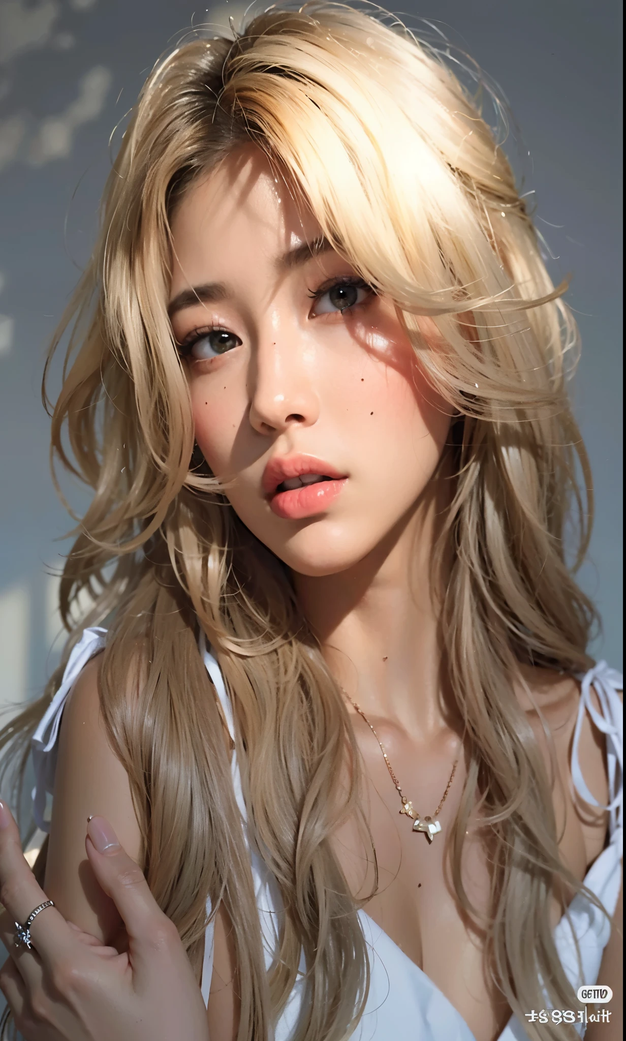 Mujer rubia con pelo largo y un vestido blanco posando para una foto., una chica con cabello rubio, con pelo largo y rubio, parque roseanne de blackpink, hermosa mujer surcoreana, peinado de corte hime blanco, pale skin curly blonde hair, pelo largo y rubio y ojos grandes, muchacha coreana, hermosa joven coreana, heonhwa choe, con el pelo largo y blanco