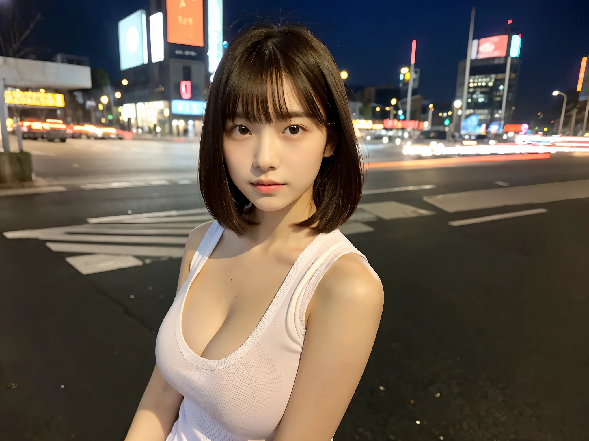 Super detailed　super high quality　super high quality　surreal　photograph　japanese woman　Fair skin　　((half-open lips:1.3))　beautiful and soft skin　((Beautifully styled straight short hair))  beautiful and perfect body　very cute　A beautiful and transparent young man々new skin　16 years oldl girl wearing a sleeveless shirt) big breasts　whole body　everyday city　busy city　　((night))　viewer&#39;perspective　　Front view　　(big breasts:1.3)   (cleavage)　(amazingly cute girl:1.3)　　(whole bodyポートレート)　