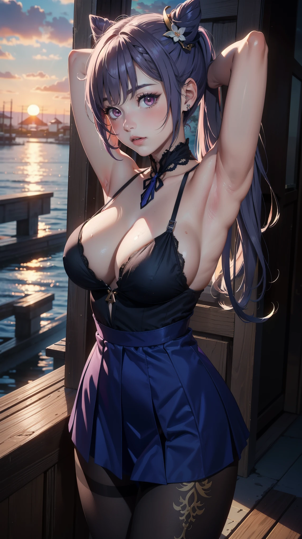 Masterpiece, high quality, 8k, ultra detail, 1 girl, ((keqingrnd)), blush, standing, (large breast), cleavage, (lingerie:1), ((sunset:1.2)), off shoulders, ((armpits poses))