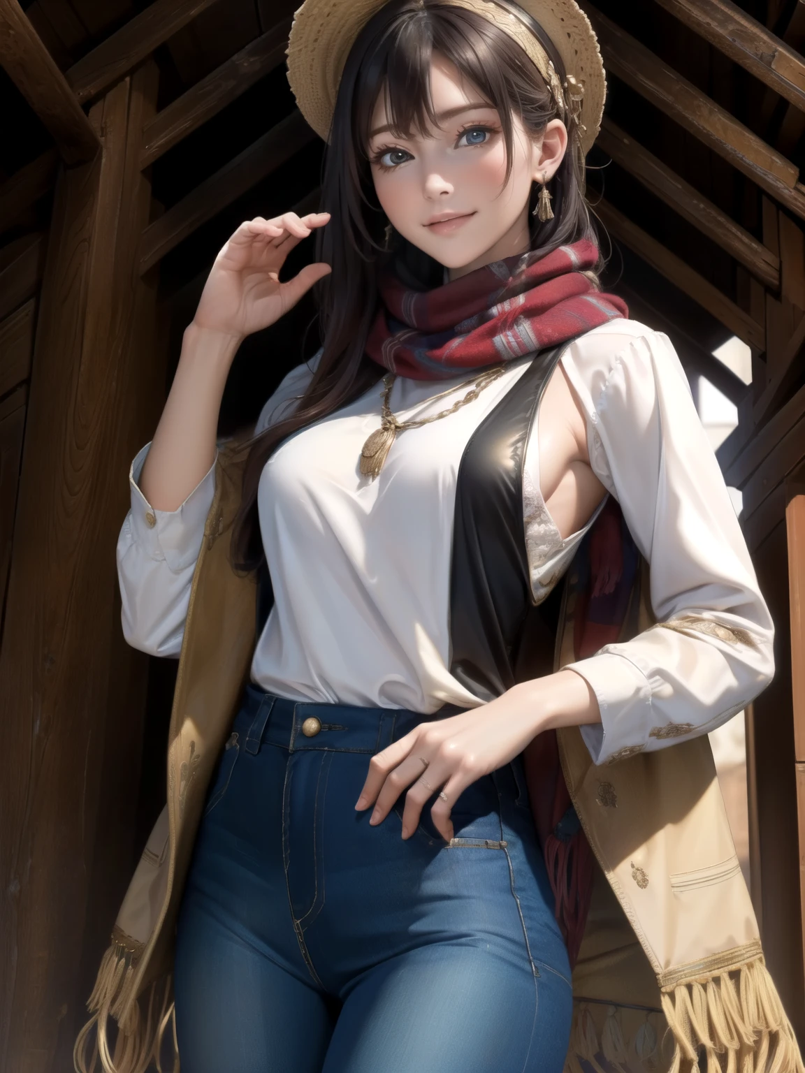 (best quality,4k,8k,highres,masterpiece:1.2),ultra-detailed,(realistic,photorealistic,photo-realistic:1.37),portrait,dirty,farm,woman,beautiful,female portrait,cowboy hat,fringed vest,pants,scarf,honest,medium-length