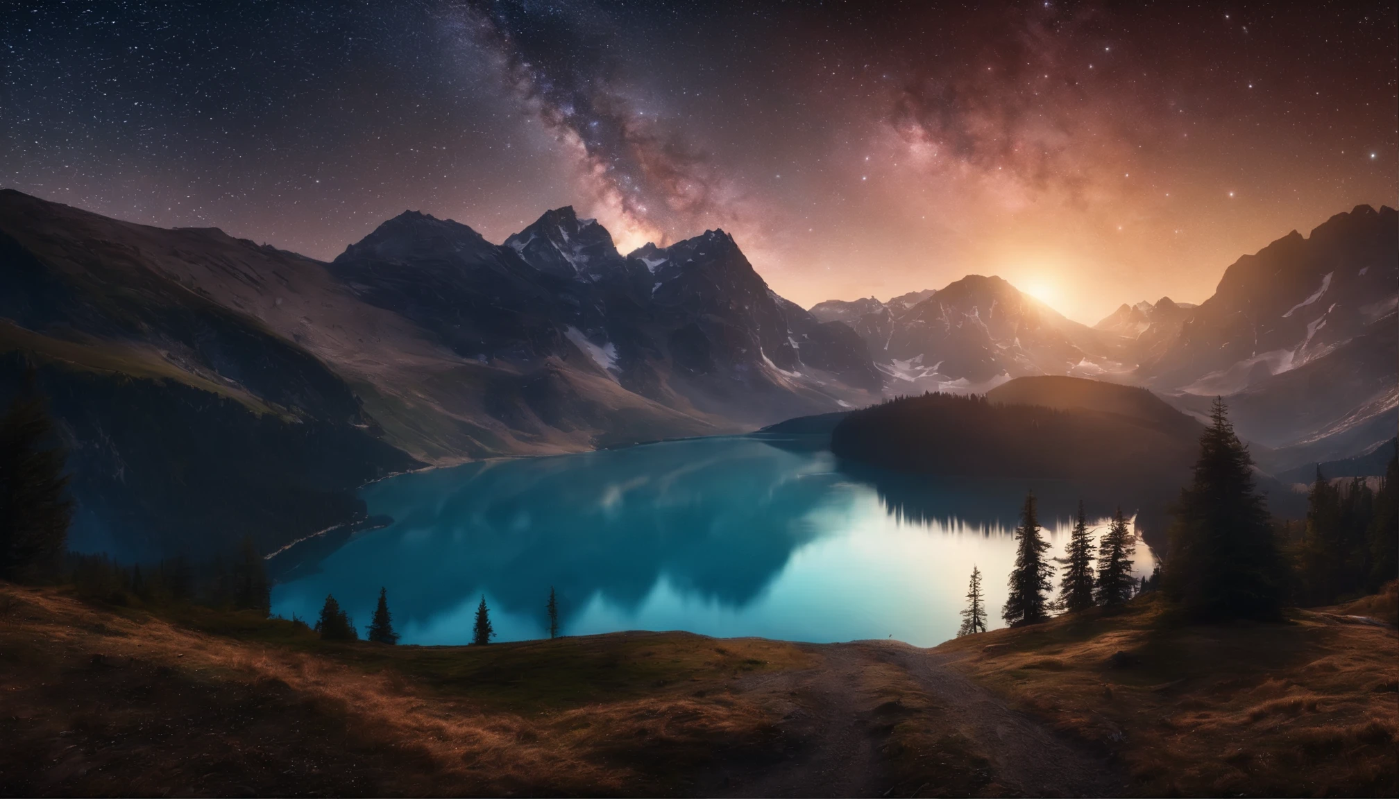 starry sky，In the foreground are lakes and mountains, 4k highly detailed digital art, magnificent background, Atmospheric dreamy sky, Milky Way Landscape, Beautiful art ultra hd 4k, 8K Stunning Artwork, 4K HD wallpapers are very detailed, Amazing wallpapers, Sci-fi fantasy wallpaper, cosmology, Epic and shocking atmosphere, Dreamy atmosphere 8k
