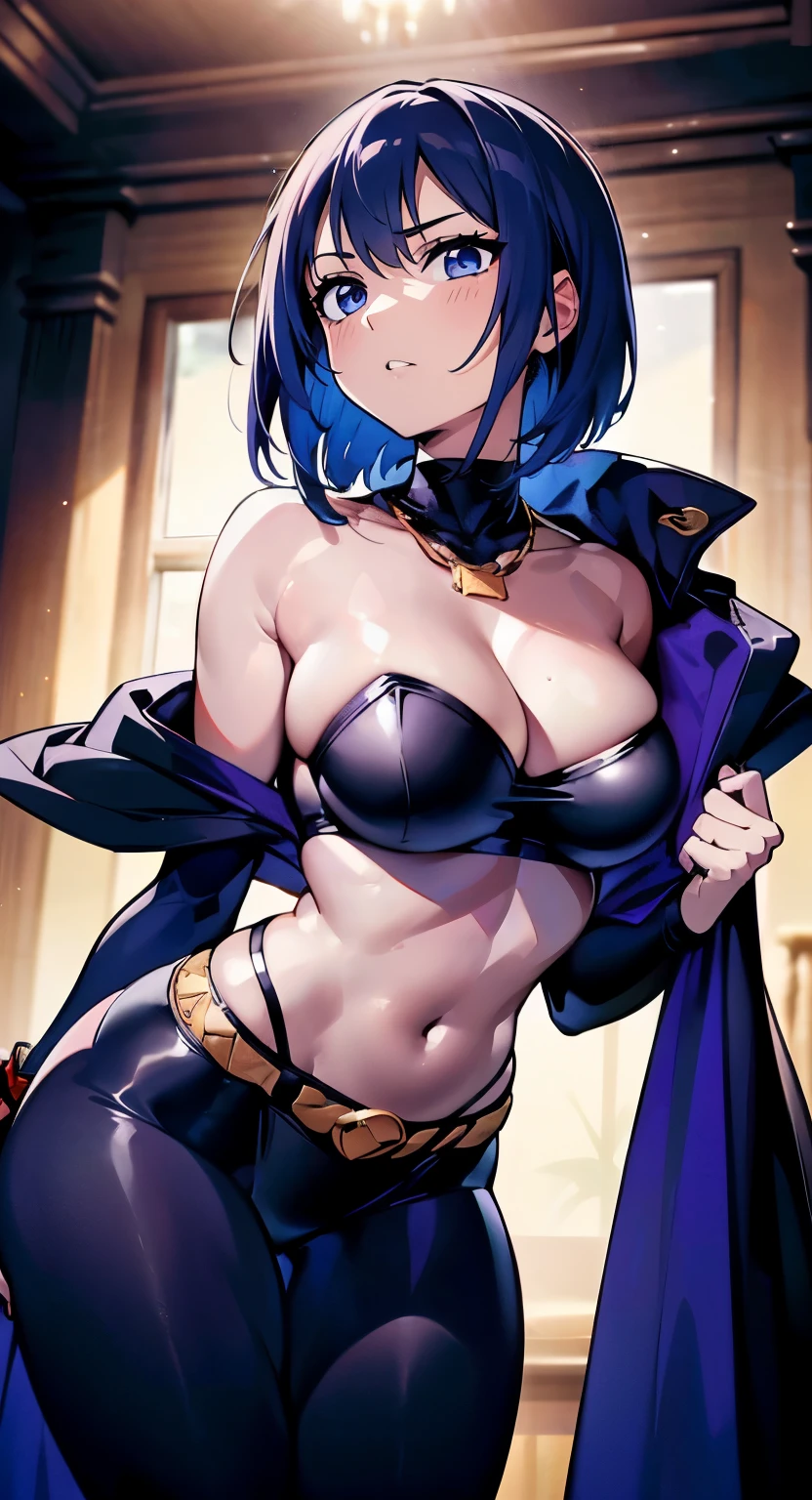 (best quality,4k,8k,high resolution,masterpiece:1.2),super detailed,(actual,realistically,realistically:1.37), Ultra high definition face, Close-up of a woman posing for a photo, 1 girl, RVN's Cowboy Shots, hotlavin, pale skin, blue hair, Middle parted bangs hair, black tights, turtleneck sweater, tights, cape, glowing eyes, gold belt, jewelry, medal, sporty, looking at the audience, night, dark forest, mist, FOG, Volumetric lighting, best quality, masterpiece, intricate details, sharp focus, Super detailed, actual, , full, Tight and gathered, attractive girl, beautiful upper body, attractive body, wear, necklace, big deal breasts, big deal , 最big deal乳房, 巨big deal乳房, Thin waist, thick hips, hourglass figure, Pelvic width, Pelvis big dealr than shoulder blades, fitness model, Sweat