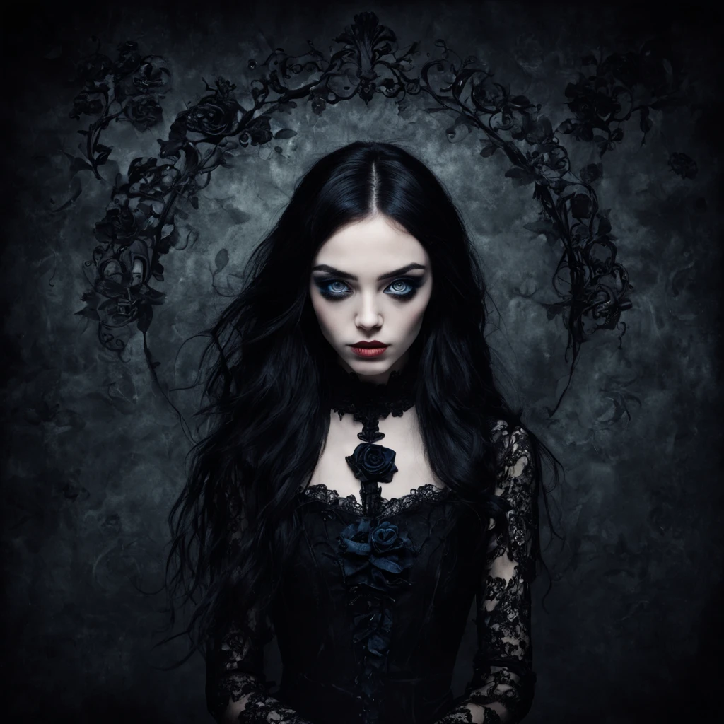The girl wearing a black lace dress has long black hair and blue eyes. Tim Burton style. Dark Gothic mechanical castle. Close-up of face. Ultra-clear and exquisite face. Black rose. Gothic architecture. Gothic style.