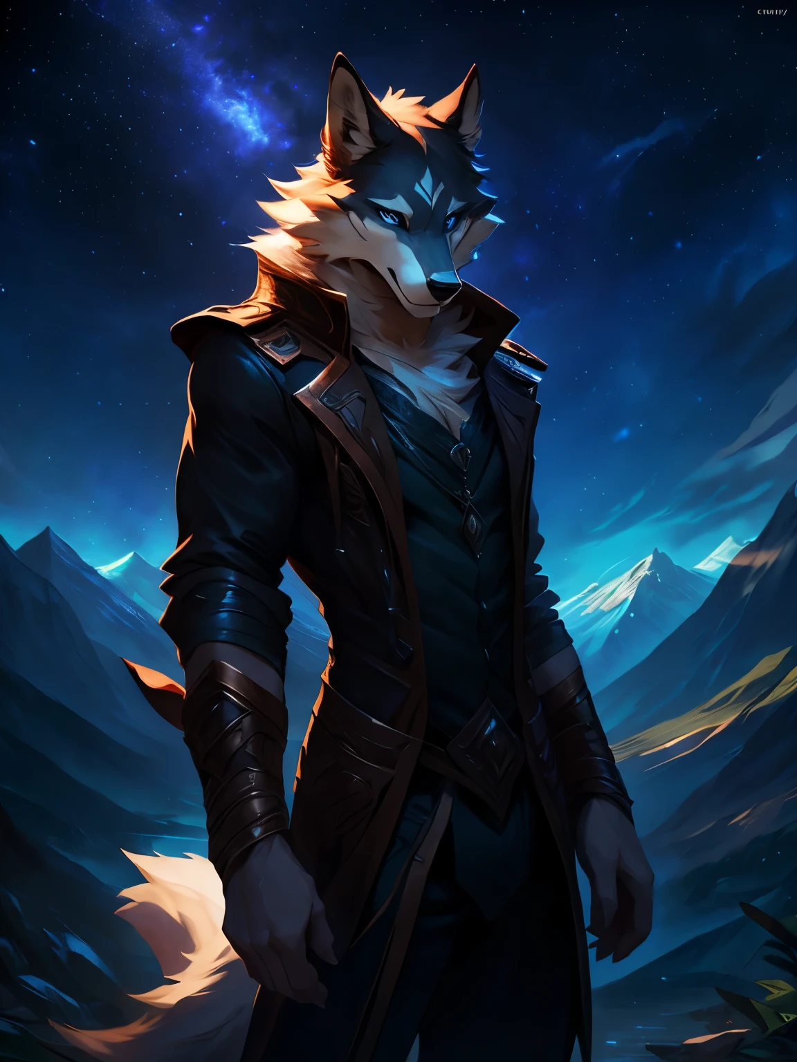 4k, high resolution, best quality, perfect colors, perfect shadows, perfect lighting, posted on e621, (by Chunie, by canyne khai, by t.y.starale), furry, Wolf anthro, solo, white fur, Blue eyes, (Realistic eye details 1.3), adventur, see the sights, (The Standing up), jacket and white shirt wear, Full body like, Slim body, V0id3nergy, Masterpiece, dramatic lighting, soft lighting, day, highly detail, Hair coiled, (Seductive look:1.2), fit body, perfect male figure, Detailed fur, Detailed face, Perfect face, Detailed background, ((Bonifasko lighting)), wolf tail, (Detailed eyes), perfect pupils, detail eyes, detail fluffy fur, (seductive face:1.2), fit body, Looking at the view, (Top of the Mountains), (Complex), (Super Detail), (Starry Sky Background), (Stout Limboon Night), (Ultra Clear), (Best Quality)