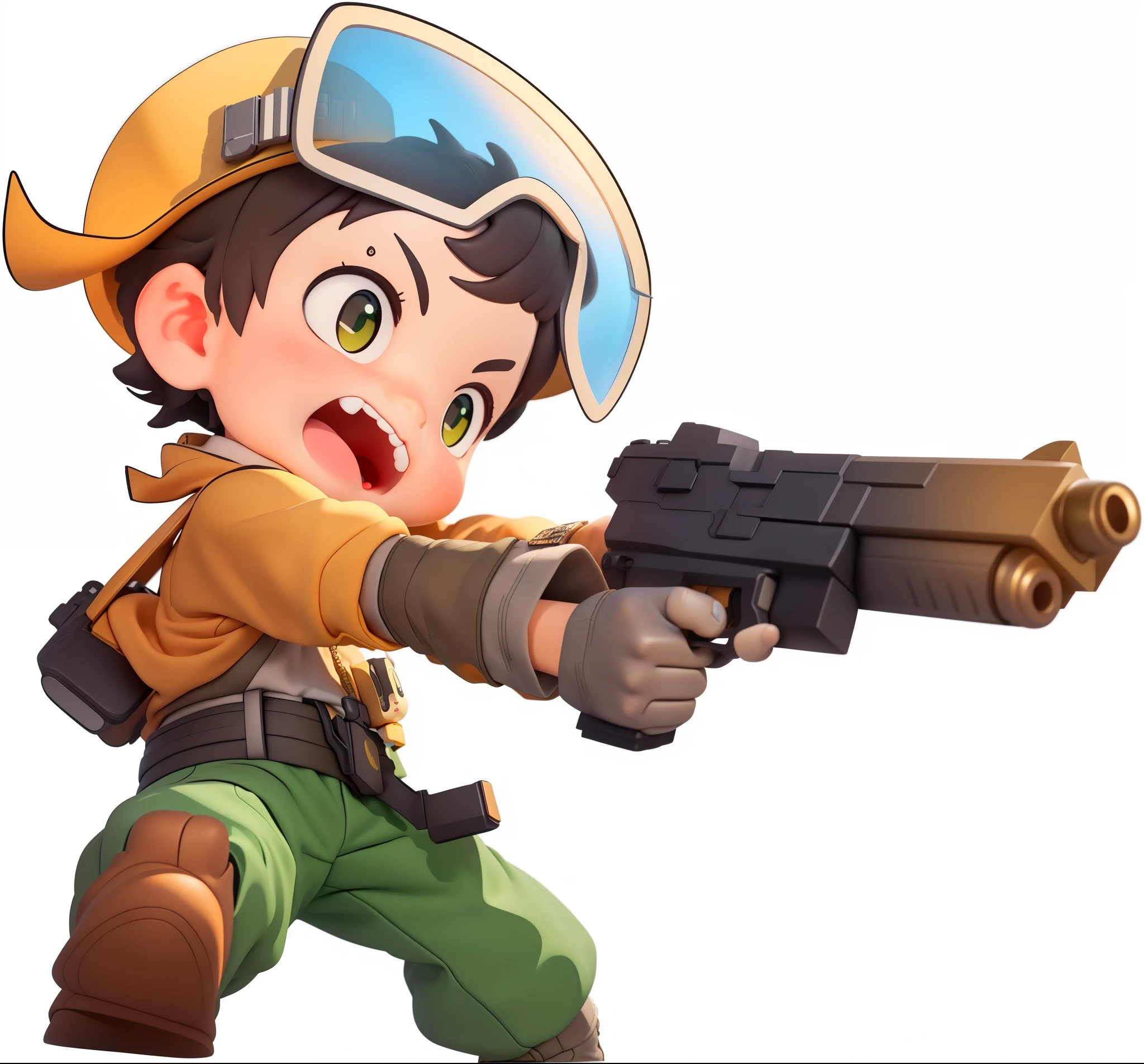 (masterpiece), (best quality), (Super detailed), (whole body: 1.2), a boy, chibi, cute的, wearing hat，holding handgun，shooting，clothing，Green cargo pants，cute，SD dolls， 3D clay rendering, White background, (Beautiful and delicate face), (beautiful details eyes),