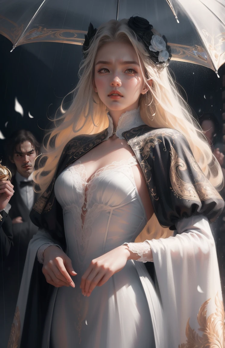{ - anatomy error}(Masterpiece - Ultra-detailed, very high resolution) Prepare to be enchanted by a true masterpiece that combines ultra-detailed art with high-resolution rendering. This work depicts a mesmerizing woman with very long blond hair (1.3) and captivating gray eyes (1.2), emanating an aura of elegance and mystery in Victorian settings. The intricate details and realistic textures invite you to explore every aspect of this enchanting composition. Woman wearing beautiful classic Victorian costume from the year 1878. Red lips. Happy face. Smiling. Delicate smile. white (white) dress. on the rain with umpbrella, dynamic poses. Get ready to dive into a world where beauty and craftsmanship merge perfectly.