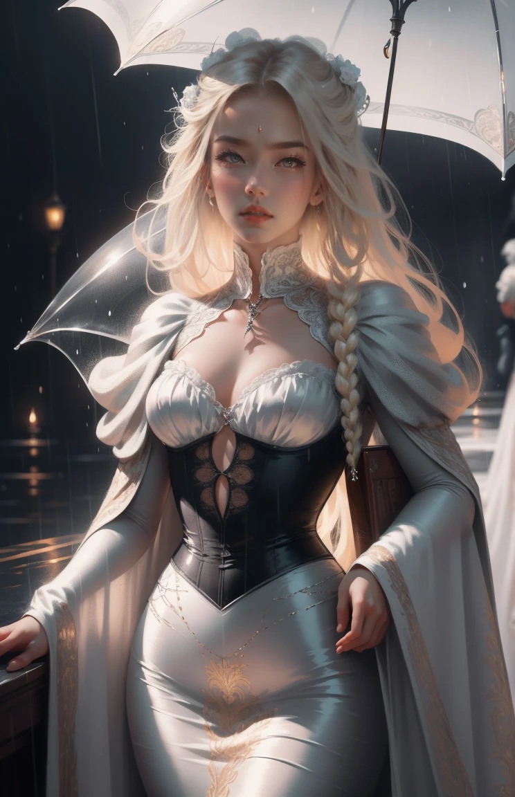 { - anatomy error}(Masterpiece - Ultra-detailed, very high resolution) Prepare to be enchanted by a true masterpiece that combines ultra-detailed art with high-resolution rendering. This work depicts a mesmerizing woman with very long blond hair (1.3) and captivating gray eyes (1.2), emanating an aura of elegance and mystery in Victorian settings. The intricate details and realistic textures invite you to explore every aspect of this enchanting composition. Woman wearing beautiful classic Victorian costume from the year 1878. Red lips. Happy face. Smiling. Delicate smile. white (white) dress. on the rain with umpbrella, dynamic poses. Get ready to dive into a world where beauty and craftsmanship merge perfectly.
