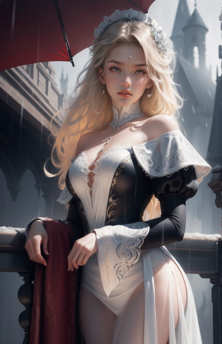 { - anatomy error}(Masterpiece - Ultra-detailed, very high resolution) Prepare to be enchanted by a true masterpiece that combines ultra-detailed art with high-resolution rendering. This work depicts a mesmerizing woman with very long blond hair (1.3) and captivating gray eyes (1.2), emanating an aura of elegance and mystery in Victorian settings. The intricate details and realistic textures invite you to explore every aspect of this enchanting composition. Woman wearing beautiful classic Victorian costume from the year 1878. Red lips. Happy face. Smiling. Delicate smile. white (white) dress. on the rain with umpbrella, dynamic poses. Get ready to dive into a world where beauty and craftsmanship merge perfectly.