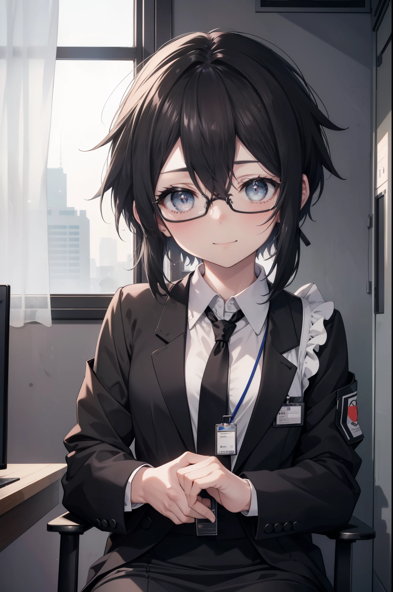 Shino Asada, shino asada, (black eye:1.5), black hair, hair between eyes, hair ribbon, short hair, side lock, Glasses, (small breasts:1.2),
OL, end, black suit jacket, collared jacket, white dress shirt, collared shirt, neckline, button, strap, ID card on neck, black pencil skirt, black pantyhose, smile, blush, looking at the viewer, Charm, Mechanical,on your computer,sitting in a chair, interior,ブラインドタッチ
break looking at viewer,
break indoors, office,
break (masterpiece:1.2), highest quality, High resolution, unity 8k wallpaper, (figure:0.8), (detailed and beautiful eyes:1.6), highly detailed face, perfect lighting, Very detailed CG, (perfect hands, perfect anatomy),