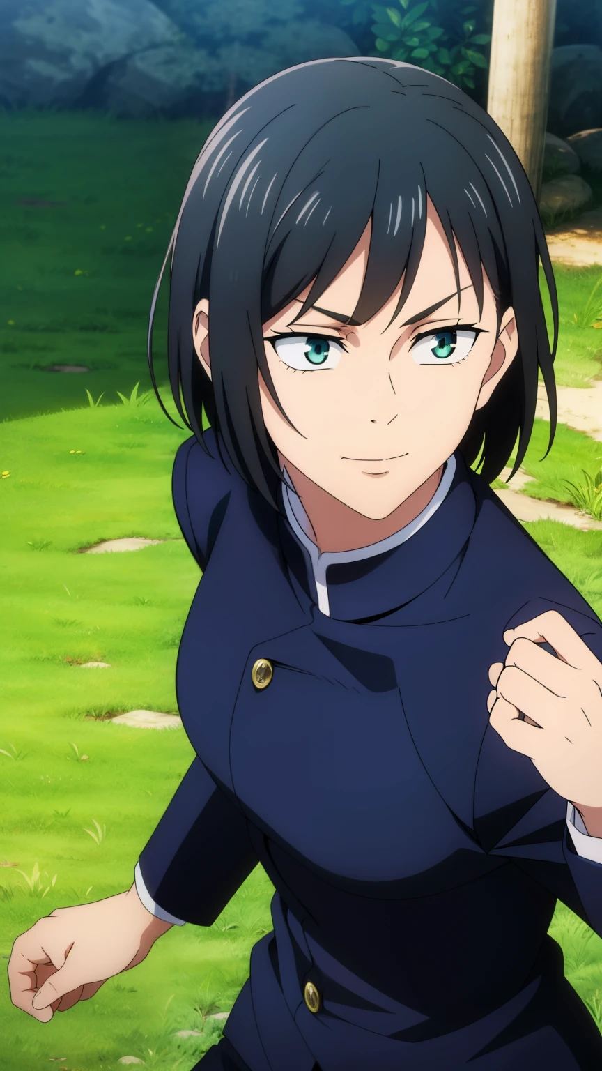 (high-quality, breathtaking),(expressive eyes, perfect face) 1girl, female, solo, teenager, black hair, bright meadow green eye color, short hair length, looking at viewer, half body, bright smile, kind face, positive expression, slightly tanned skin, dark black blue long sleeved shirt, collared shirt, dark black blue pants, jujutsu kaisen uniform, jujutsu high school uniform, flowy hair, feminine face, soft wavy hair
