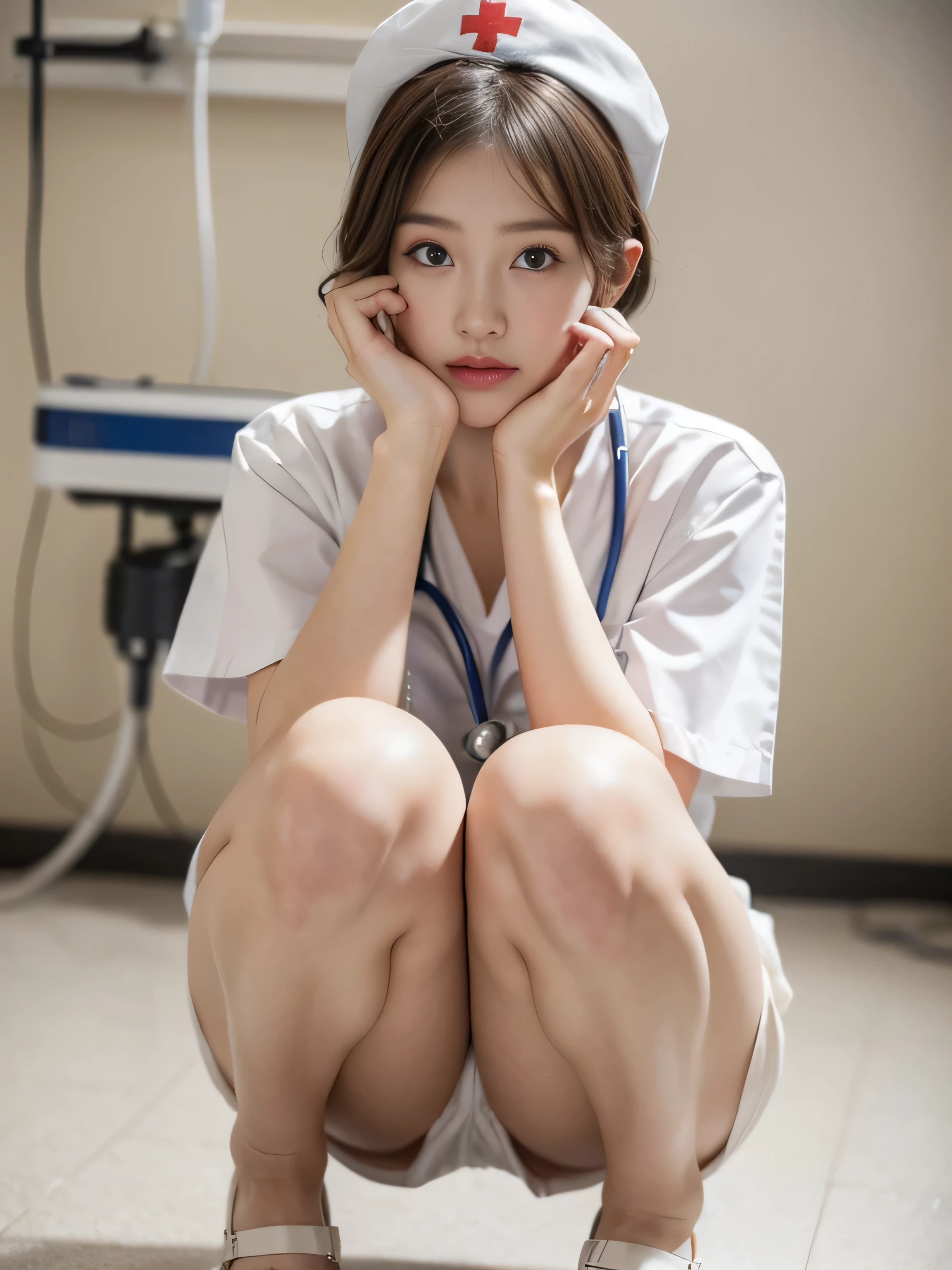 (muste piece:1.2),(8K high quality), (highest quality), (RAW image quality), (Reality), (It's photorealistic:1.37), large eyes,long eyelashes,It's exquisite(Live-action realistic style),ultimate face,Photorealistic light and shadow,clear facial features,milky white skin, high detail skin,realistic skin details,visible pores,(super detail),(short hair),best portrait,((Front shot taken from a distance)), Only one girl, cute type,beautiful detailed eyes, beautiful detailed nose, highly detailed skin) ,(Beautiful face with double eyelids), (Realism: 1.4),excellent detail, super high resolution,,,delicate and beautiful face,,25 years old,(beautiful face 1.4),slender,,((Photographed inside a hospital operating room)),, ((Wearing nurse clotheake eye contact with your audience),wearing a nurse cap,(The inside of the hospital is white.),,very beautiful feet,(Short skirt),I'm squatting while showing my crotch.,leg spread,((Crouch in front of the viewer)),(I like to show my crotch to my viewers),squat with your legs slightly open,(You can see her white panties when she squats down.),,(Squat down with your inner thighs),the hospital floor is white,gesture of placing hand on cheek,Crouch in front of the viewer,((Crouch in front of the viewer))