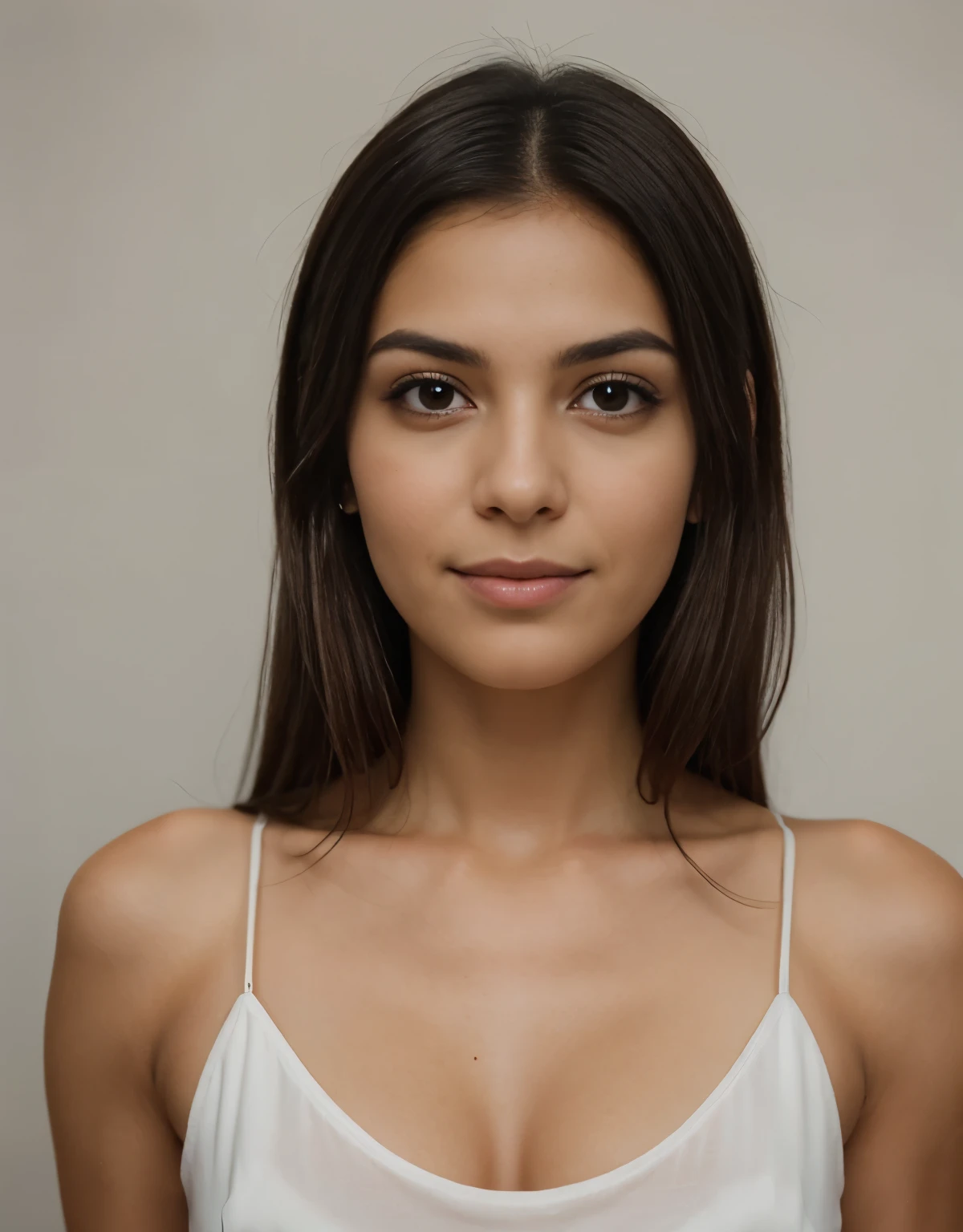 La foto muestra el rostro de una mujer morena latina, who looks directly at the camera with a confident and attractive expression. His dark brown hair is combed back, dejando al descubierto sus orejas. Sus ojos grises tienen un brillo especial, and his mouth smiles slightly. La foto tiene un fondo blanco y claro, and the lighting is soft and uniform. La calidad de la imagen es excelente, y se aprecian todos los detalles de su rostro. The photo meets the size requirements, resolution and format for an identity document with a white background