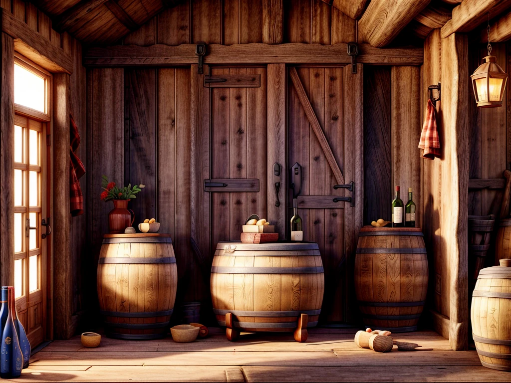 There is a barn，The door is red，There are a row of black and white cow-patterned pennants on the left and right sides of the top.， Wild West theme, Western car theme, Next to the red barn, wild west setting, Cowboy theme, 农场Inside the barn, Inside the barn, Best adobe stock, There are two wooden wine barrels on both sides below，Wine barrel with wooden wheels and a red cowboy hat，Two bottles of milk，oil lamp，Ukuleele，haystack，saddle，西方background, 农场background, background, 