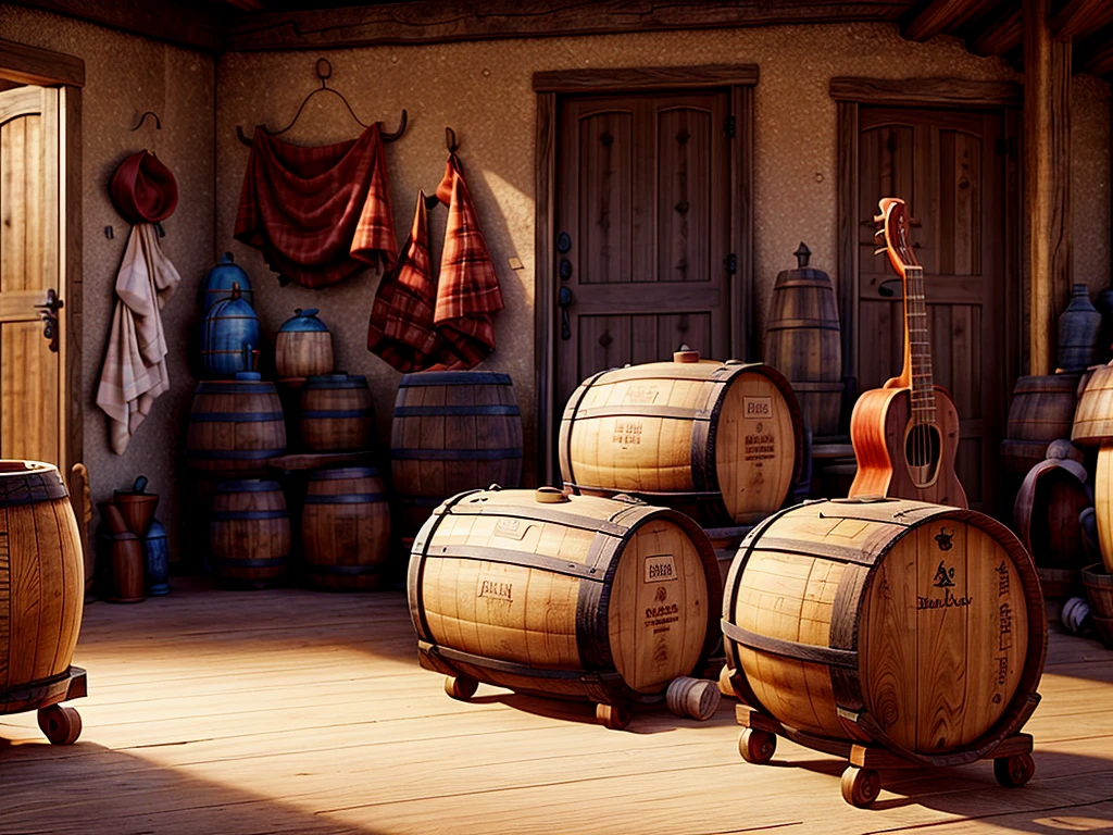 There is a barn，The door is red，There are a row of black and white cow-patterned pennants on the left and right sides of the top.， Wild West theme, Western car theme, Next to the red barn, wild west setting, Cowboy theme, 农场Inside the barn, Inside the barn, Best adobe stock, There are two wooden wine barrels on both sides below，Wine barrel with wooden wheels and a red cowboy hat，Two bottles of milk，oil lamp，Ukuleele，haystack，saddle，西方background, 农场background, background, 