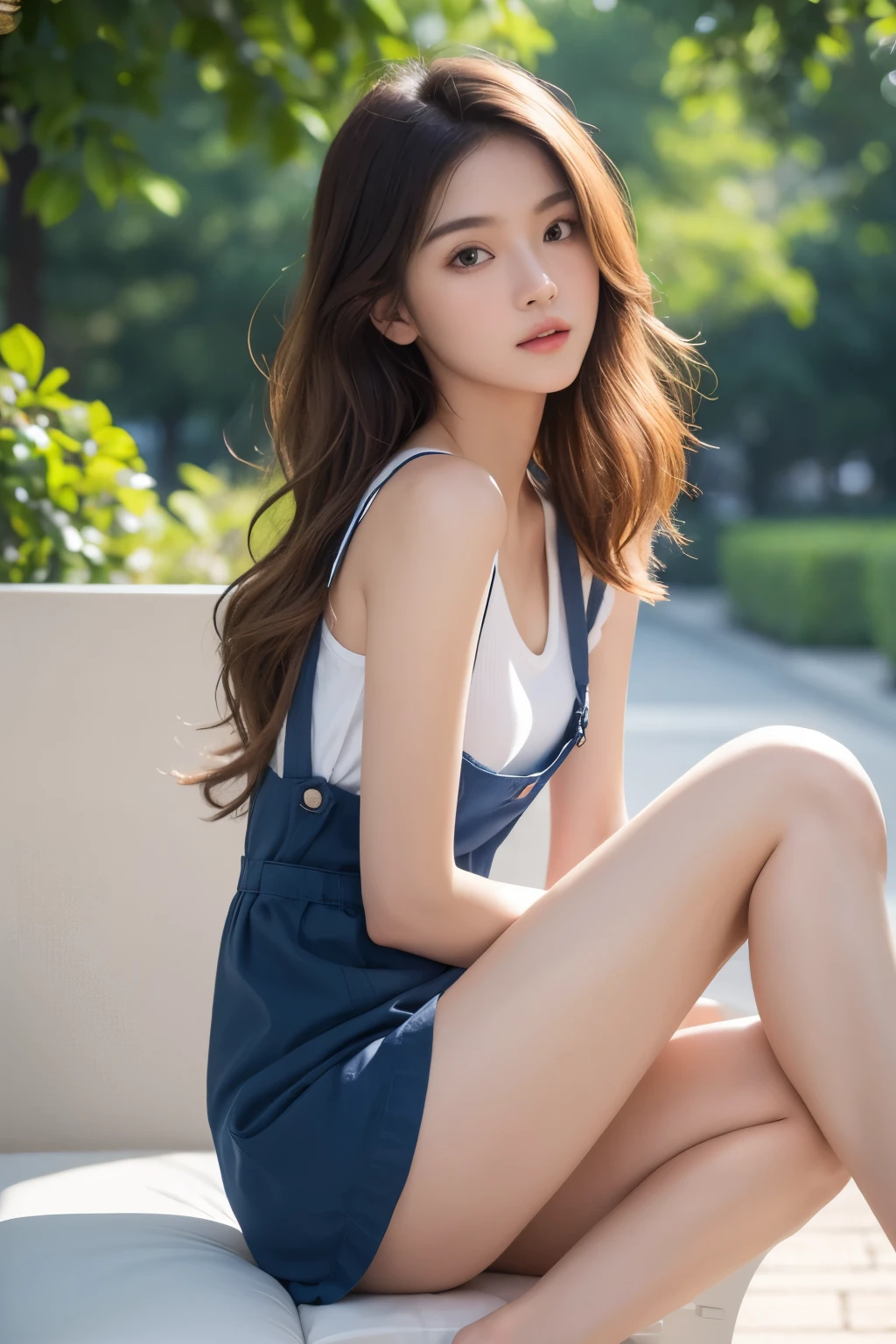 8K, masterpiece, ultra HD, intricate detailed, highly detailed, high contrast, RAW photo, best quality, A beautiful girl, 18 years, wearing school uniform consisting of a white short-sleeved shirt tucked into a azure blue pinafore mini dress. The dress has wide straps and reaches just above the knees, Sitting on outdoor cafe shop, comfortable black sofa, front view, bare legs, open your legs, Blured background, depth of field, Slim body, slender legs, slim muscular body, small breast, shoulder length hair, wavy hair, light brown color hair