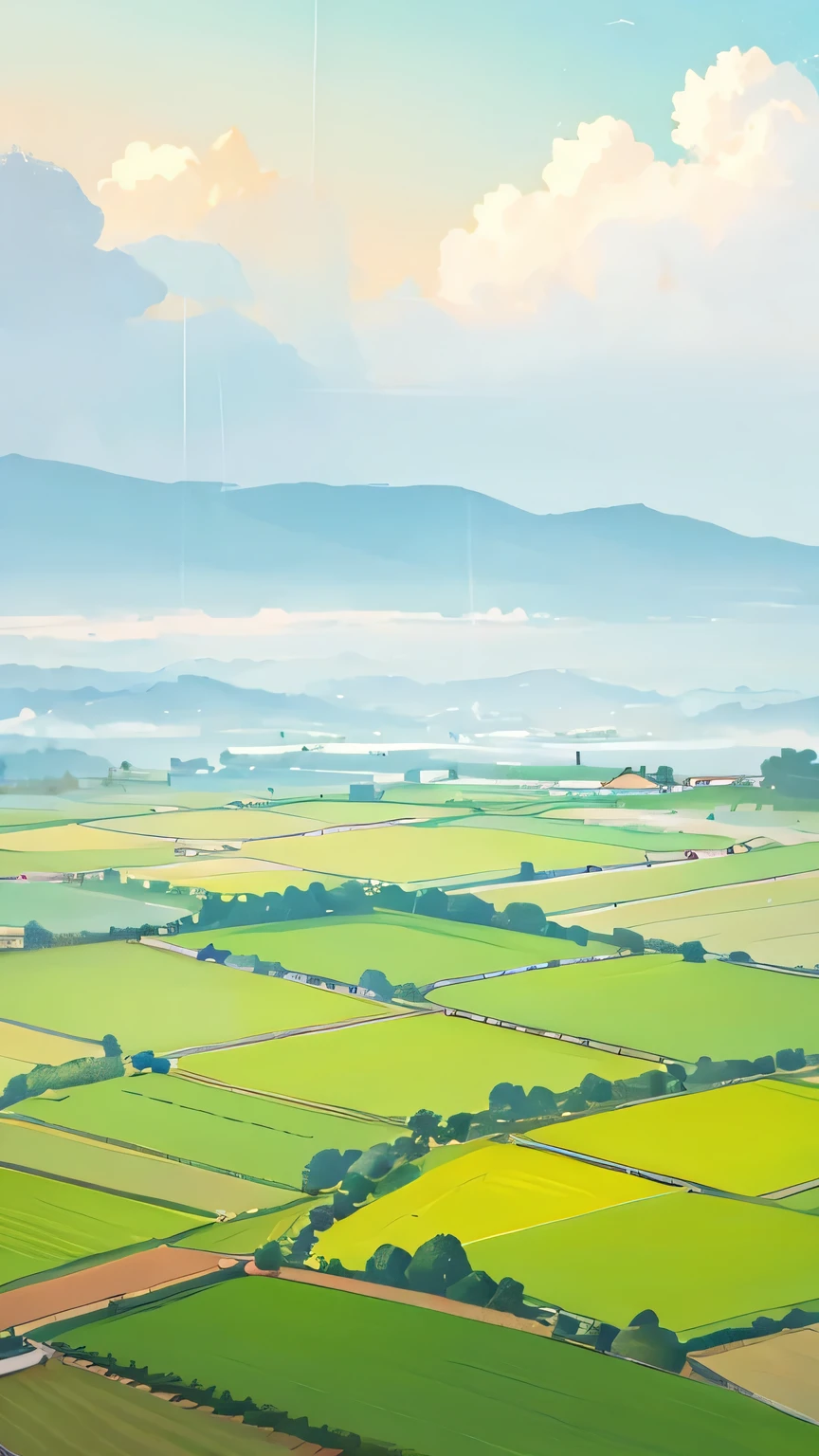 There is a field painting with the sky as the background,Distant village background, rain,Ching Ming Festival,Swallows flying in the sky,Look down at the scene,farmland