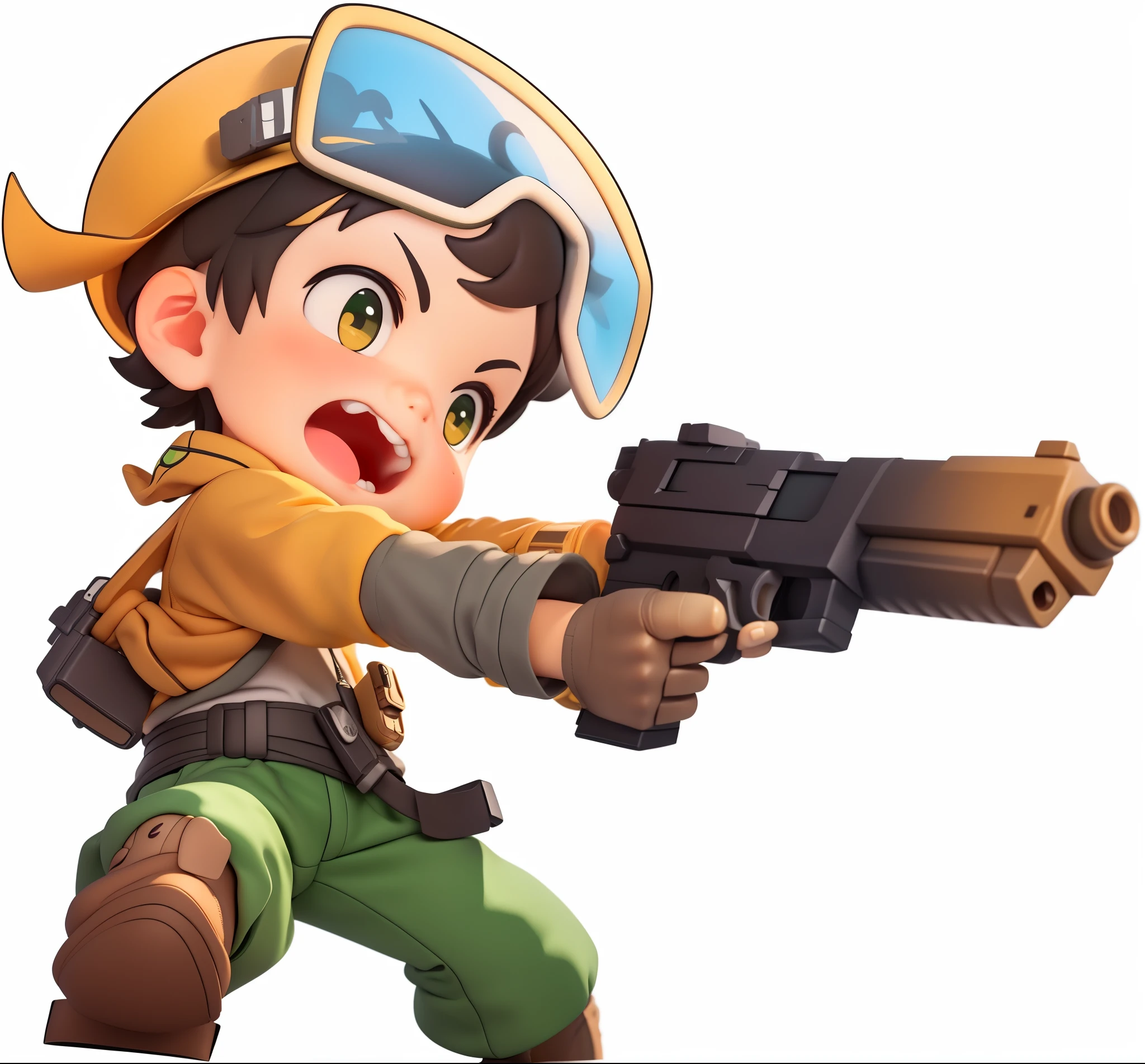 (masterpiece), (best quality), (Super detailed), (whole body: 1.2), a boy, chibi, cute的, wearing hat,holding handgun,shooting,clothing,Green cargo pants,cute,SD dolls, 3D clay rendering, White background, (Beautiful and delicate face), (beautiful details eyes),
