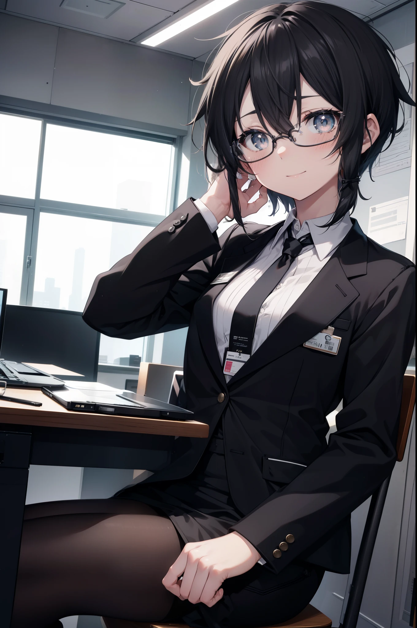 Shino Asada, shino asada, (black eye:1.5), black hair, hair between eyes, hair ribbon, short hair, side lock, Glasses, (small breasts:1.2),
OL,  end, black suit jacket, collared jacket, white dress shirt, collared shirt, neckline, button, strap, ID card on neck, black pencil skirt, black pantyhose, smile, blush, looking at the viewer, Charm, Mechanical,on your computer,sitting in a chair, interior,ブラインドタッチ
break looking at viewer,
break indoors, office,
break (masterpiece:1.2), highest quality, High resolution, unity 8k wallpaper, (figure:0.8), (detailed and beautiful eyes:1.6), highly detailed face, perfect lighting, Very detailed CG, (perfect hands, perfect anatomy),