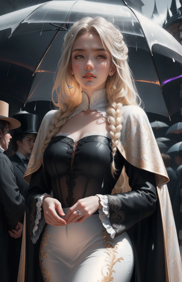 { - anatomy error}(Masterpiece - Ultra-detailed, very high resolution) Prepare to be enchanted by a true masterpiece that combines ultra-detailed art with high-resolution rendering. This work depicts a mesmerizing woman with very long blond hair (1.3) and captivating gray eyes (1.2), emanating an aura of elegance and mystery in Victorian settings. The intricate details and realistic textures invite you to explore every aspect of this enchanting composition. Woman wearing beautiful classic Victorian costume from the year 1878. Red lips. Happy face. Smiling. Delicate smile. white (white) dress. on the sun with umbrella, dynamic poses. Get ready to dive into a world where beauty and craftsmanship merge perfectly.