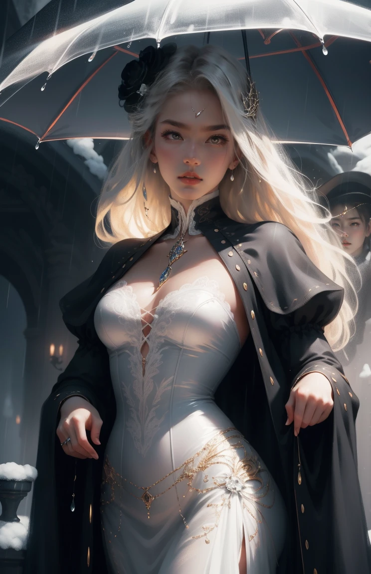 { - anatomy error}(Masterpiece - Ultra-detailed, very high resolution) Prepare to be enchanted by a true masterpiece that combines ultra-detailed art with high-resolution rendering. This work depicts a mesmerizing woman with very long blond hair (1.3) and captivating gray eyes (1.2), emanating an aura of elegance and mystery in Victorian settings. The intricate details and realistic textures invite you to explore every aspect of this enchanting composition. Woman wearing beautiful classic Victorian costume from the year 1878. Red lips. Happy face. Smiling. Delicate smile. white (white) dress. on the rain with umpbrella, dynamic poses. Get ready to dive into a world where beauty and craftsmanship merge perfectly.