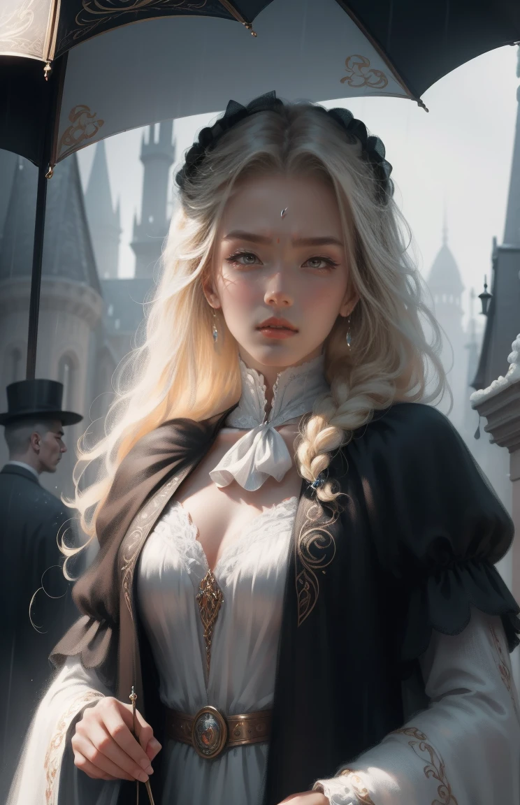 { - anatomy error}(Masterpiece - Ultra-detailed, very high resolution) Prepare to be enchanted by a true masterpiece that combines ultra-detailed art with high-resolution rendering. This work depicts a mesmerizing woman with very long blond hair (1.3) and captivating gray eyes (1.2), emanating an aura of elegance and mystery in Victorian settings. The intricate details and realistic textures invite you to explore every aspect of this enchanting composition. Woman wearing beautiful classic Victorian costume from the year 1878. Red lips. Happy face. Smiling. Delicate smile. white (white) dress. on the rain with umpbrella, dynamic poses. Get ready to dive into a world where beauty and craftsmanship merge perfectly.