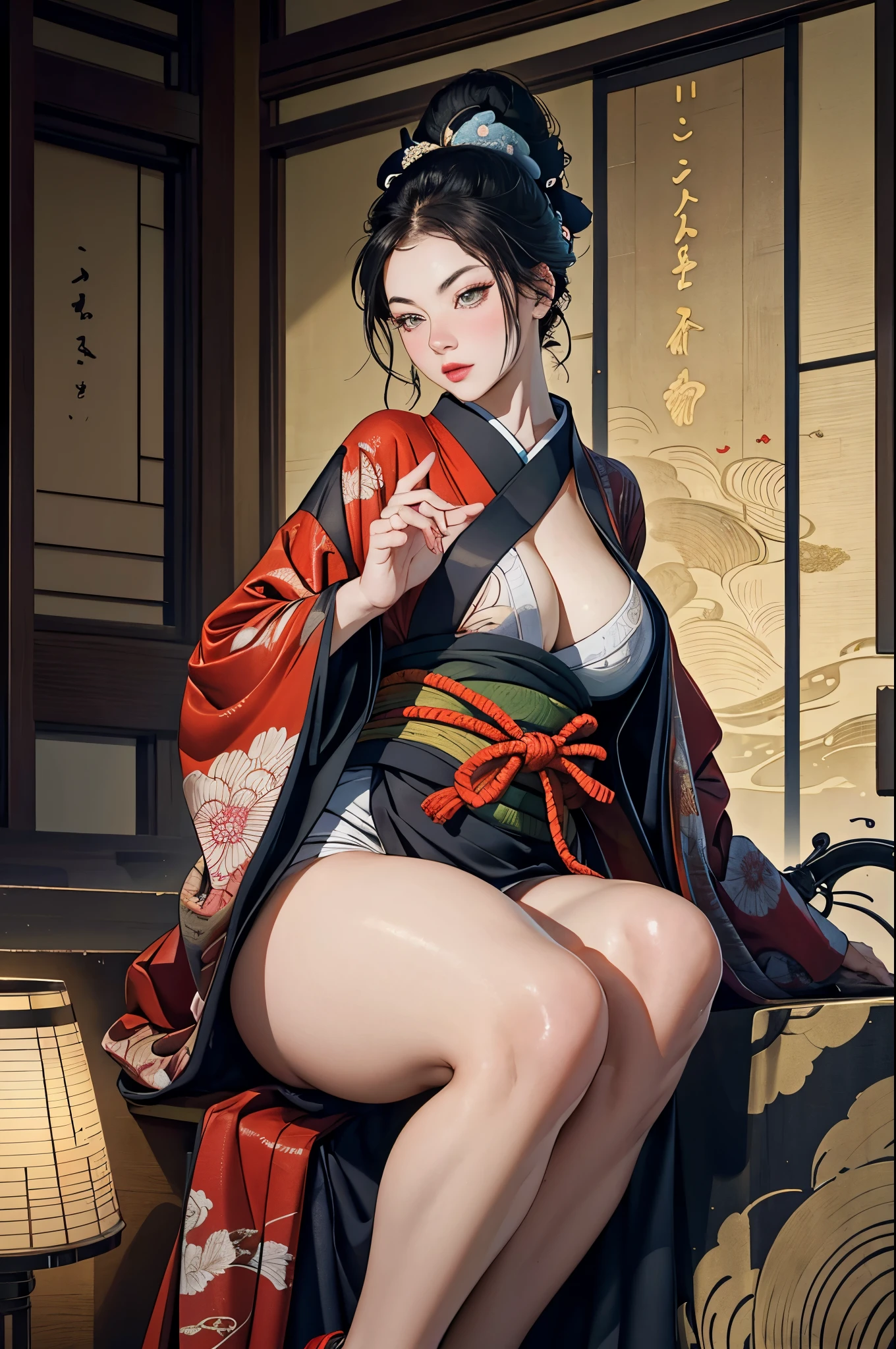 Umalinda warrior sexy, pretty face, Delicious Company, Alluring figure, Wearing a sexy open kimono. The artwork is created in a medium reminiscent of Japanese ink paintings....., 具有大胆的笔触和Monochromatic color palette. artist&#39;Masterful technique reveals the intensity and power of the image&#39;sense of presence，with the highest quality, Perfectly capture every detail with ultra-high resolution. Textures and intricate patterns on kimonos are rendered with extreme precision. Lighting is carefully designed，Enhance drama, Features deep shadows and subtle highlights. General, The artwork exudes elegance and power, Combining traditional Japanese aesthetics with a modern feel. Monochromatic color palette, Combine details, Create captivating and immersive experiences for your audience.