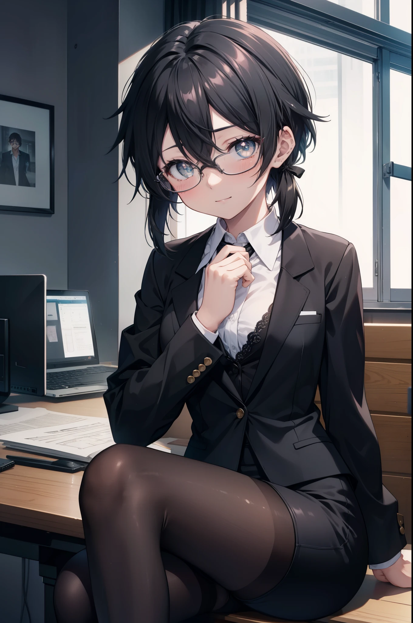 Shino Asada, shino asada, (black eye:1.5), black hair, hair between eyes, hair ribbon, short hair, side lock, Glasses, (small breasts:1.2),
OL,  end, black suit jacket, collared jacket, white dress shirt, collared shirt, neckline, button, strap, ID card on neck, black pencil skirt, black pantyhose, smile, blush, looking at the viewer, Charm, Mechanical,on your computer,sitting in a chair, interior,ブラインドタッチ
break looking at viewer,
break indoors, office,
break (masterpiece:1.2), highest quality, High resolution, unity 8k wallpaper, (figure:0.8), (detailed and beautiful eyes:1.6), highly detailed face, perfect lighting, Very detailed CG, (perfect hands, perfect anatomy),