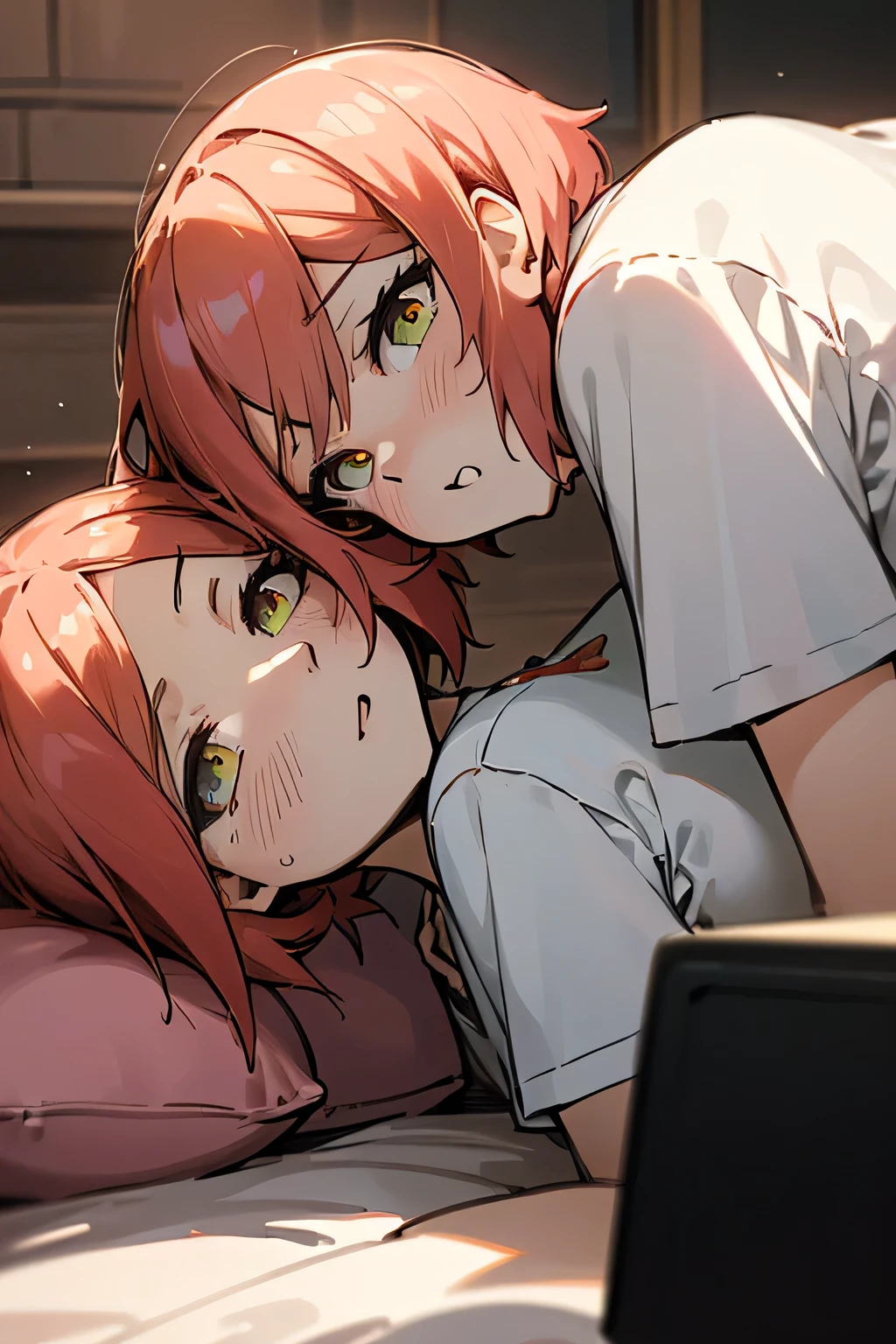 (masutepiece: 1.3), (max resolution: 1.2), (Ultra HDTV: 1.2), cinematric light, 8K resolution, Perfect Style, head on head, short hair, tshirt, white tshirt, two womens, lying in bedroom, hugging, One is rubbing the shoulders of the others, red blush, full of sweat, (staring at each other:1.8)