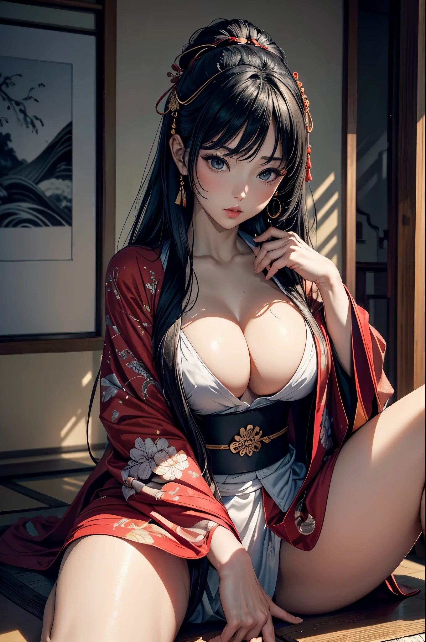 Umalinda warrior sexy, pretty face, Delicious Company, Alluring figure, Wearing a sexy open kimono. The artwork is created in a medium reminiscent of Japanese ink paintings....., 具有大胆的笔触和Monochromatic color palette. artist'Masterful technique reveals the intensity and power of the image'sense of presence,with the highest quality, Perfectly capture every detail with ultra-high resolution. Textures and intricate patterns on kimonos are rendered with extreme precision. Lighting is carefully designed,Enhance drama, Features deep shadows and subtle highlights. General, The artwork exudes elegance and power, Combining traditional Japanese aesthetics with a modern feel. Monochromatic color palette, Combine details, Create captivating and immersive experiences for your audience.