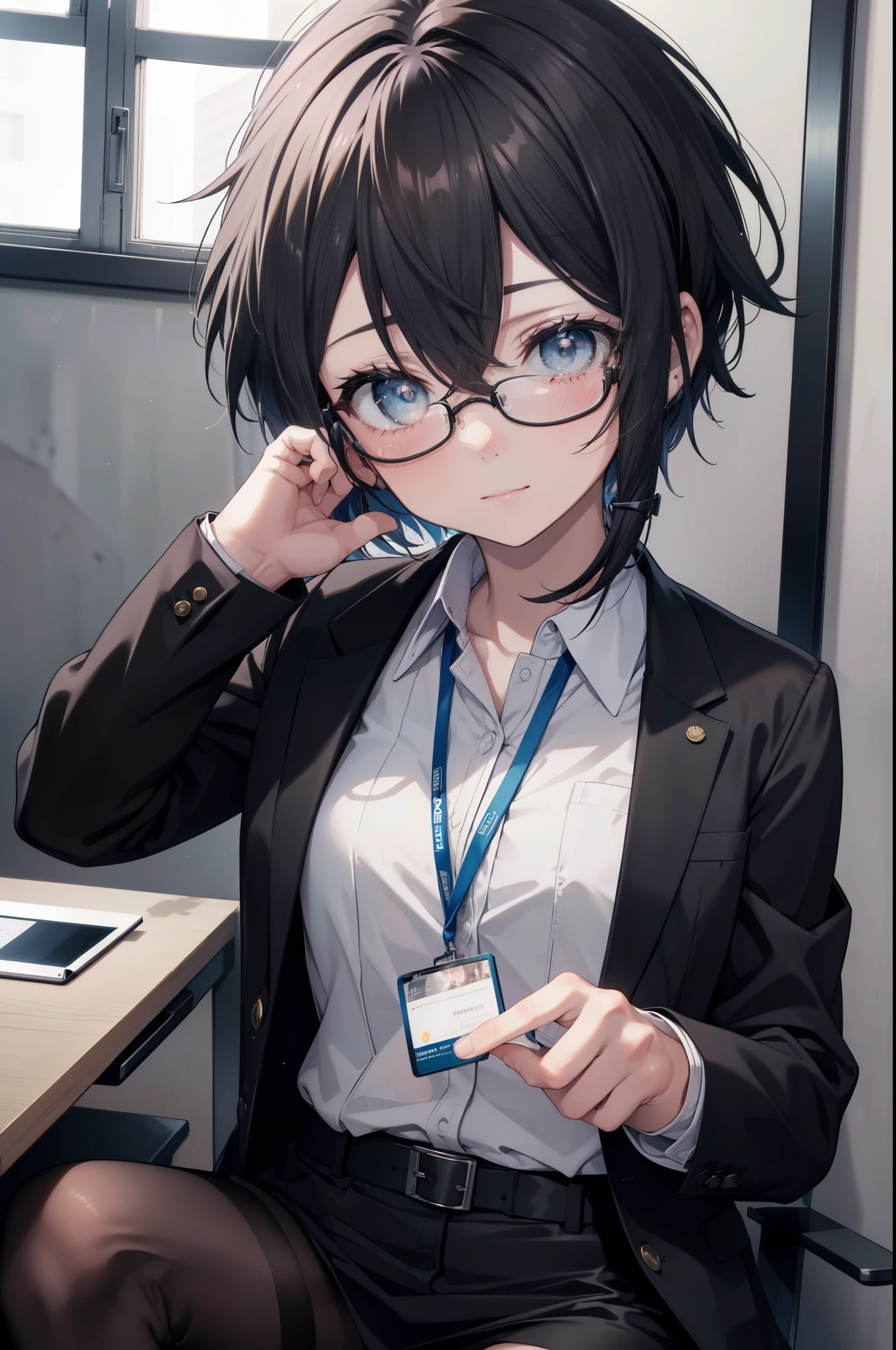 Shino Asada, shino asada, (black eye:1.5), black hair, hair between eyes, hair ribbon, short hair, side lock, Glasses, (small breasts:1.2),
OL,  end, black suit jacket, collared jacket, white dress shirt, collared shirt, neckline, button, strap, ID card on neck, black pencil skirt, black pantyhose, smile, blush, looking at the viewer, Charm, Mechanical,on your computer,sitting in a chair, interior,ブラインドタッチ
break looking at viewer,
break indoors, office,
break (masterpiece:1.2), highest quality, High resolution, unity 8k wallpaper, (figure:0.8), (detailed and beautiful eyes:1.6), highly detailed face, perfect lighting, Very detailed CG, (perfect hands, perfect anatomy),