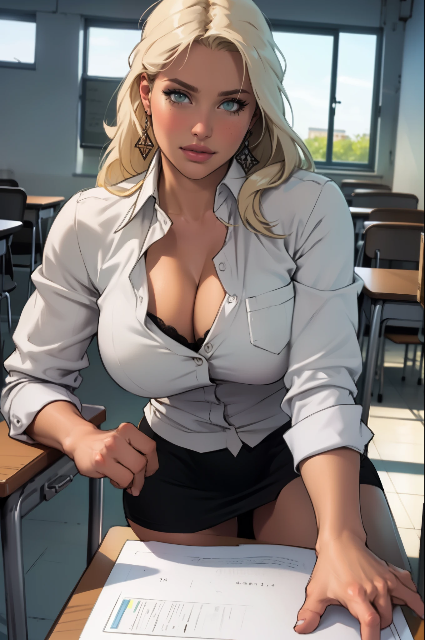 a woman sitting in the class room, a big table, sexy pose, green desk, ((best quality)), ((intricate detailed)), ((Hyperrealistic)), milf, mature woman, perspective, highly detailed, illustration, 1girl, ((big breasts)), perfect hands, detailed fingers, beautiful detailed eyes, long blonde hair, green-grey eyes, open white silk blouse, tight grey pencil miniskirt, earrings, stockings, detailed background, perfect eyes, seductive eyes, looking at the viewer, from front