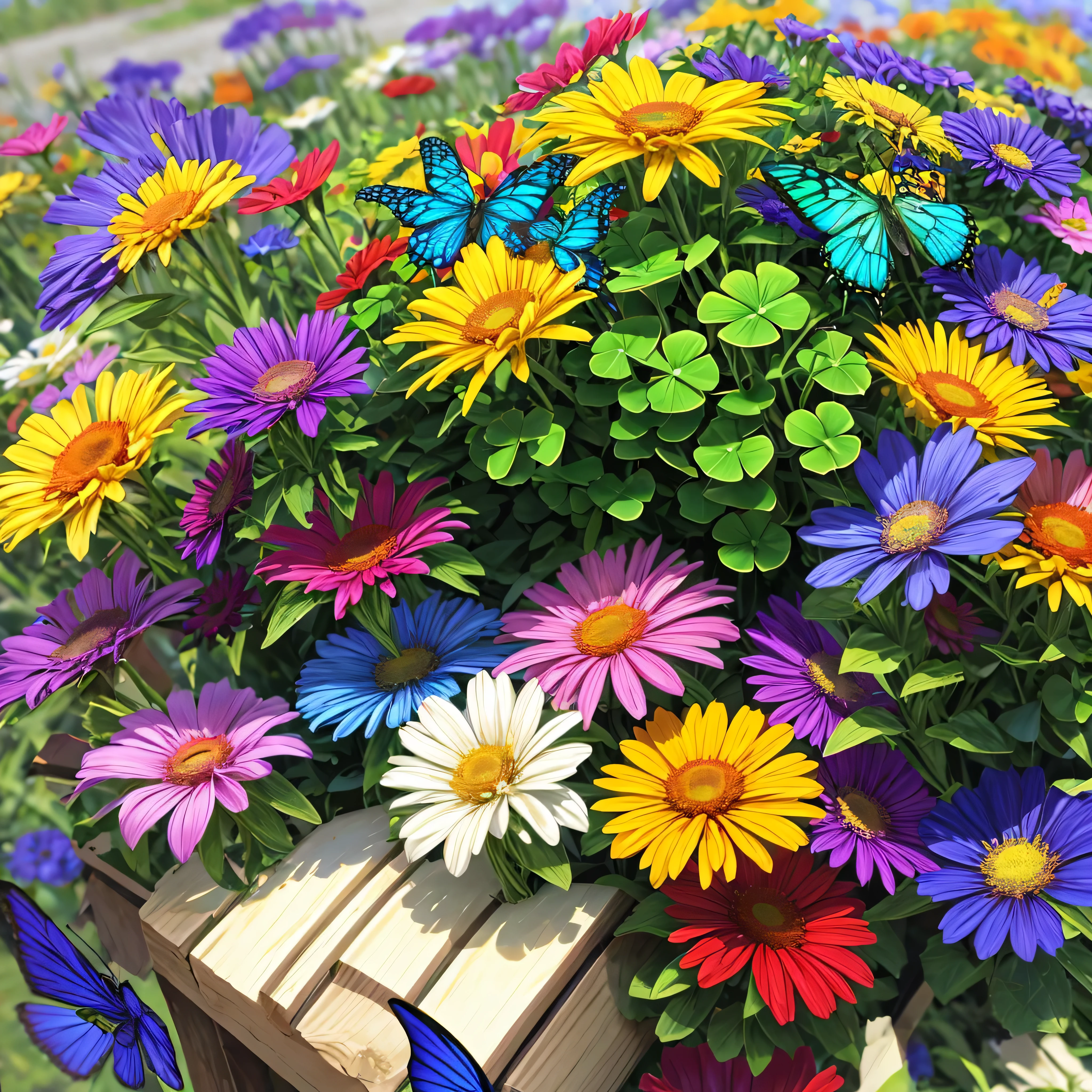 colorful wildflowers, vibrant, bouquet. butterflies, shamrocks, high detail, 3D, NO background