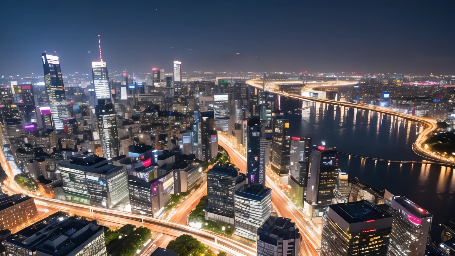 high definition images、Overall image、Taken with a wide-angle lens、downtown Tokyo、cityscape、office Street、night scenery