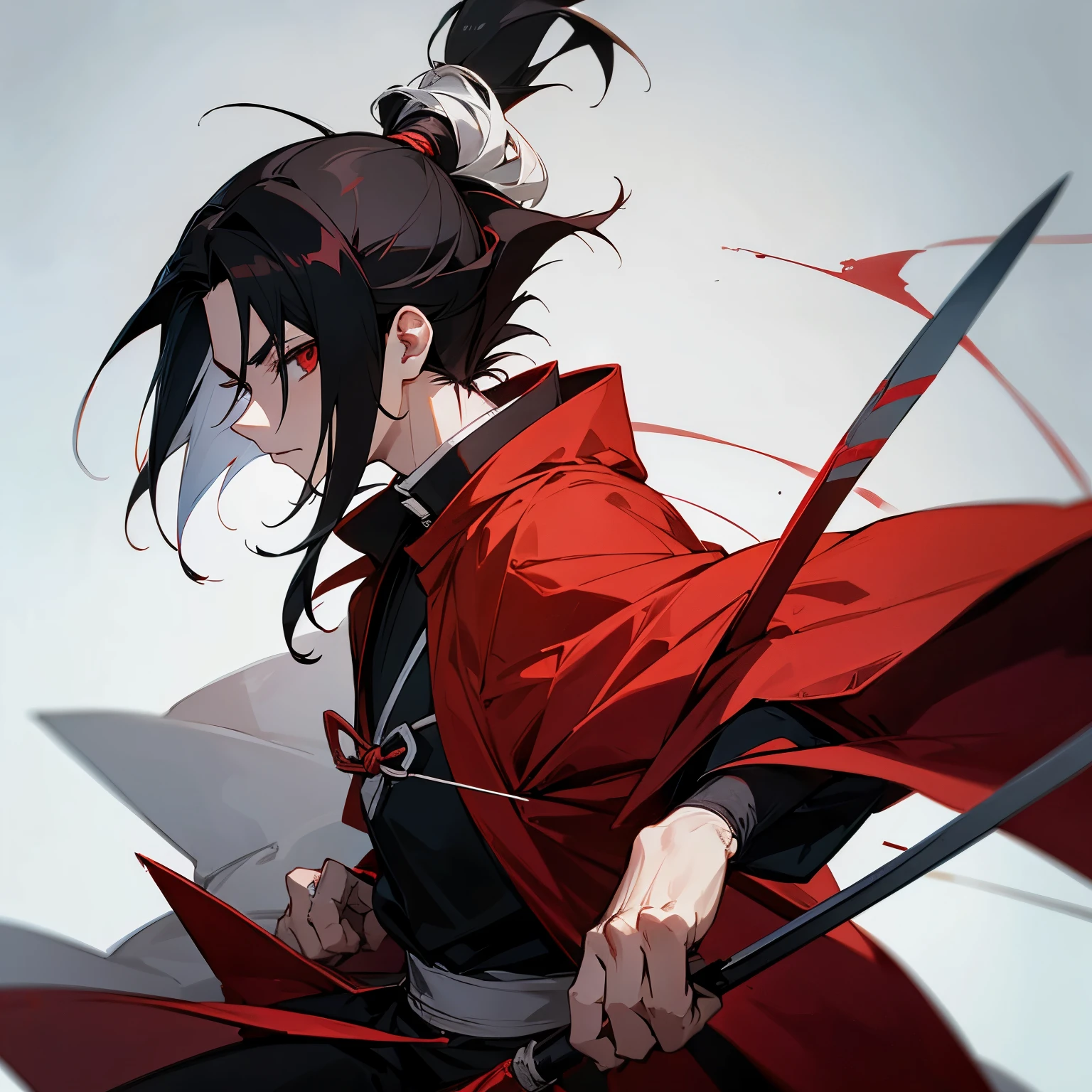 boy from the uchiha clan, olhos de sharingam, cabelo cacheado, segurando kunai