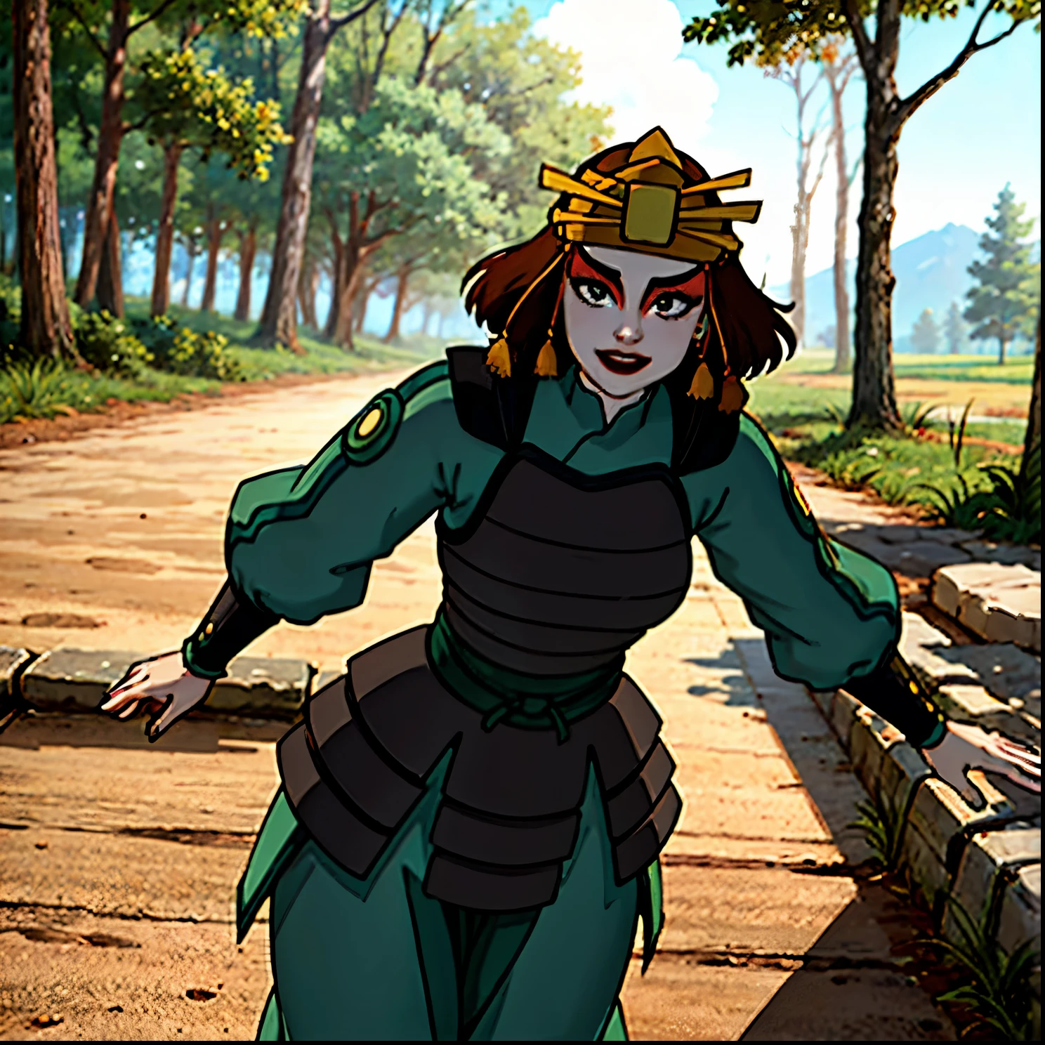 (Obra maestra), (Mejor calidad: 1.0), (ultra high resolution: 1.0),1 Mujer dinamic pose, pose de pelea, controlando poder, viento sopla fuerte, image transmits a lot of energy, gran falda verde, cara bonita, cara detallada, gran sonrisa, ojos bonitos, ojos detallados, una mujer, en un bosque encantado, Standing in a dynamic pose, traje y armadura, cara alegre y sonriente, cabello corto, mirando al espectador, lleno de vida, lleno de colores brillantes y magia, bosque verde, explosion of colors 