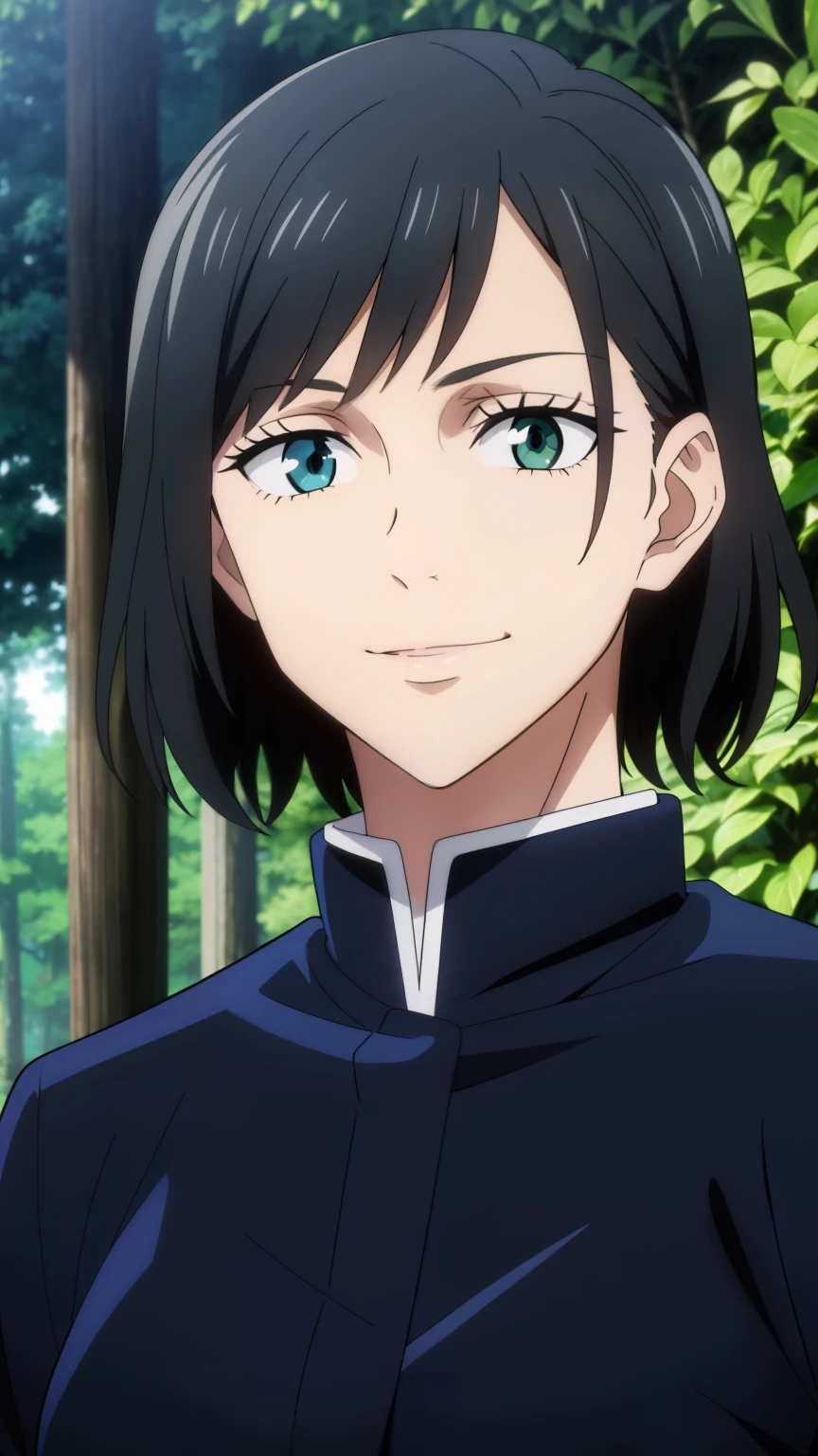 (high-quality, breathtaking),(expressive eyes, perfect face) 1girl, female, solo, teenager, black hair, bright meadow green eye color, medium hair length, looking at viewer, half body, bright smile, kind face, cheerful expression, slightly tanned skin, dark black blue long sleeved shirt, collared shirt, dark black blue pants, jujutsu kaisen uniform, jujutsu high school uniform, flowy hair, feminine face, wavy curly hair, dark grey forest background, portrait
