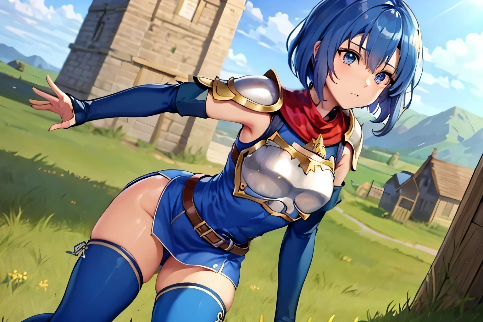 Katria_nm, cute, blue hair, short hair, blue eyes, cute, thin waist, small, Tight, medium breasts, bare shoulders, red neckerchief, blue elbow gloves, blue fingerless gloves, shoulder armor, belt, breastplate, white headband, short dress, dress slit, blue tight boots, Blue Long Boots, Pegasus knight uniform (Fire emblem), low length, middle ages, village,