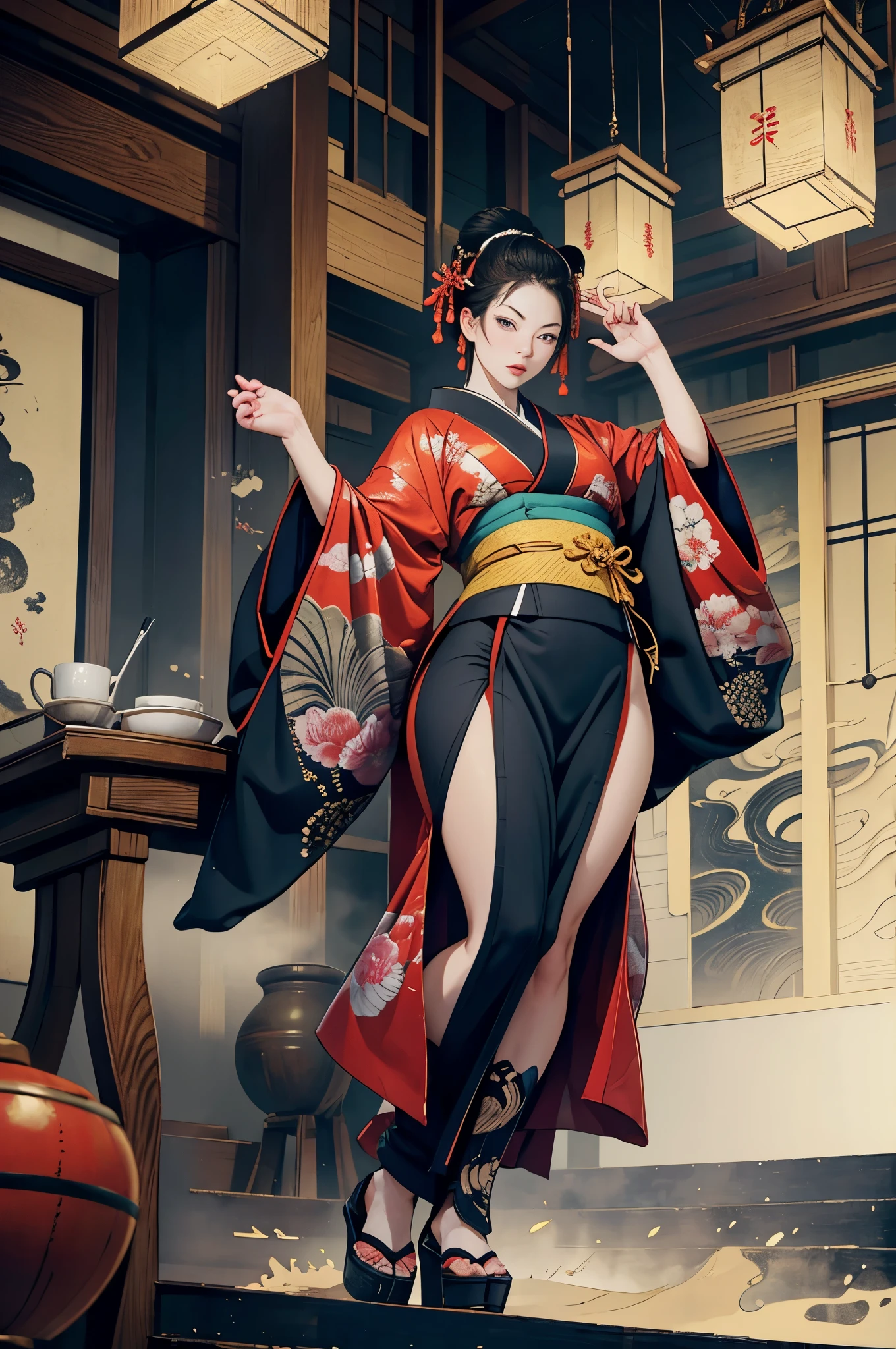 Umalinda warrior sexy, pretty face, Delicious Company, Alluring figure, Wearing a sexy open kimono. The artwork is created in a medium reminiscent of Japanese ink paintings....., 具有大胆的笔触和Monochromatic color palette. artist&#39;Masterful technique reveals the intensity and power of the image&#39;sense of presence，with the highest quality, Perfectly capture every detail with ultra-high resolution. Textures and intricate patterns on kimonos are rendered with extreme precision. Lighting is carefully designed，Enhance drama, Features deep shadows and subtle highlights. General, The artwork exudes elegance and power, Combining traditional Japanese aesthetics with a modern feel. Monochromatic color palette, Combine details, Create captivating and immersive experiences for your audience.