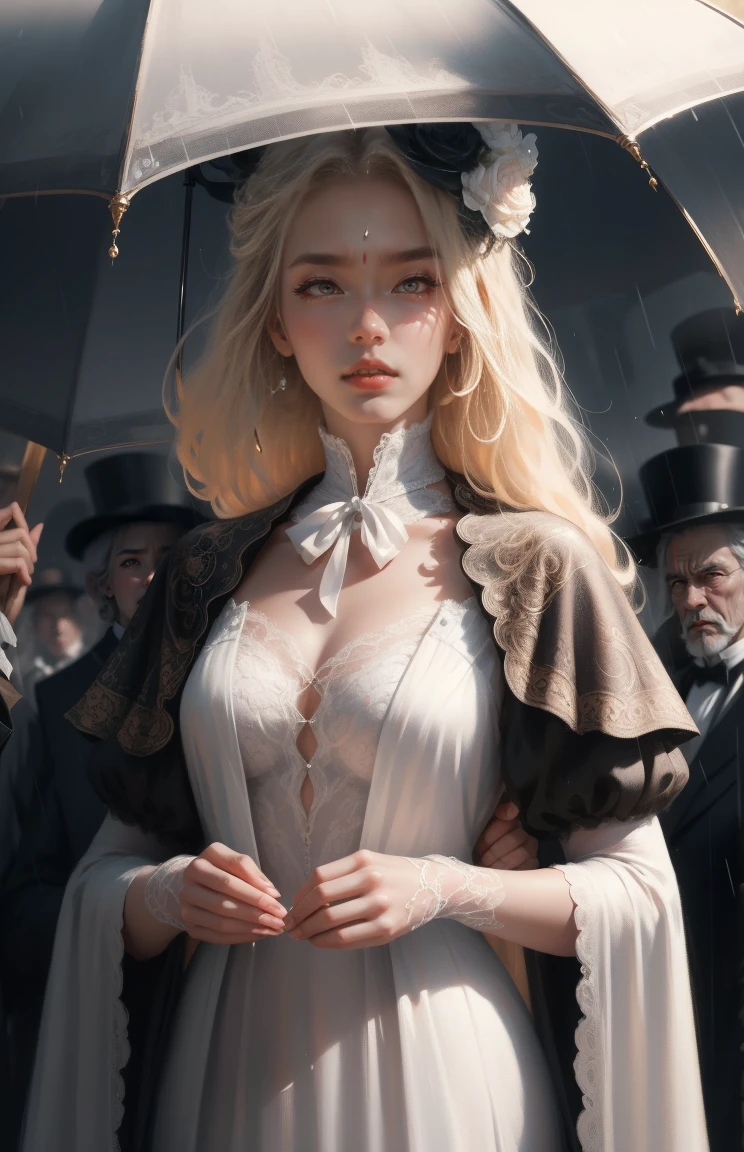 { - anatomy error}(Masterpiece - Ultra-detailed, very high resolution) Prepare to be enchanted by a true masterpiece that combines ultra-detailed art with high-resolution rendering. This work depicts a mesmerizing woman with very long blond hair (1.3) and captivating gray eyes (1.2), emanating an aura of elegance and mystery in Victorian settings. The intricate details and realistic textures invite you to explore every aspect of this enchanting composition. Woman wearing beautiful classic Victorian costume from the year 1878. Red lips. Happy face. Smiling. Delicate smile. white (white) dress. on the rain with umbrella, dynamic poses. Get ready to dive into a world where beauty and craftsmanship merge perfectly.
