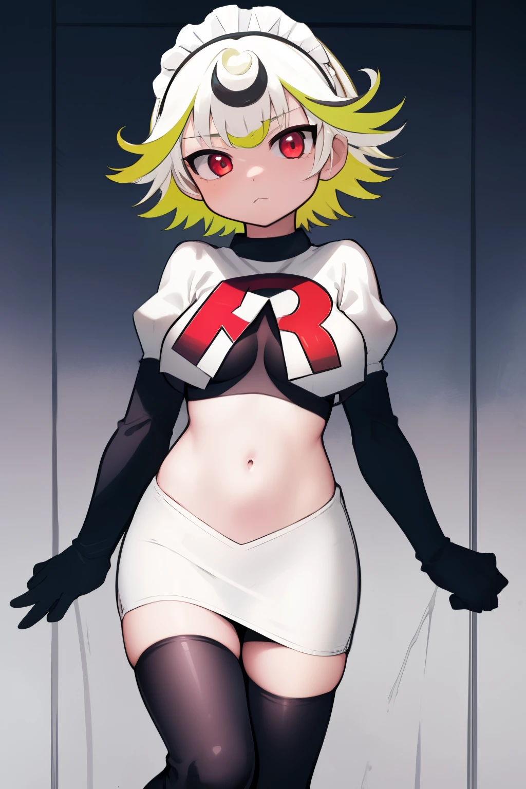 1girl, prushka, short hair, multicolored hair, medium breasts, maid headband, looking at viewer, :\, team rocket,team rocket uniform,white skirt,red letter R,crop top,black thigh-highs,black elbow gloves