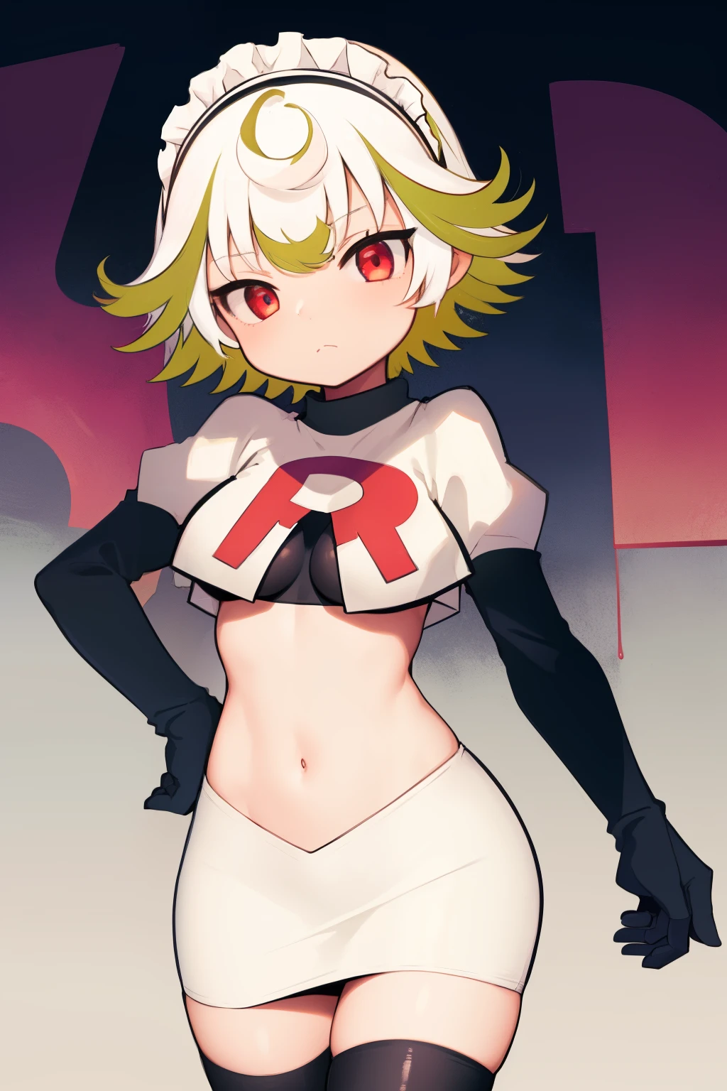 1girl, prushka, short hair, multicolored hair, medium breasts, maid headband,  looking at viewer, :\, team rocket,team rocket uniform,white skirt,red letter R,crop top,black thigh-highs,black elbow gloves