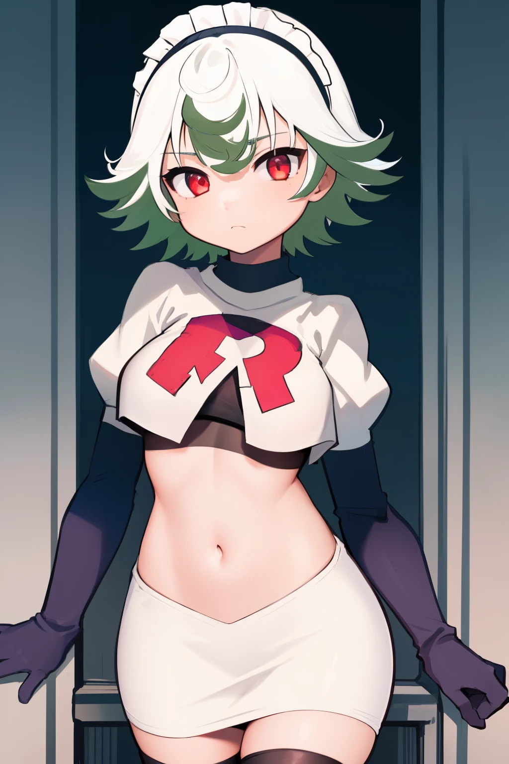 1girl, prushka, short hair, multicolored hair, medium breasts, maid headband, looking at viewer, :\, team rocket,team rocket uniform,white skirt,red letter R,crop top,black thigh-highs,black elbow gloves