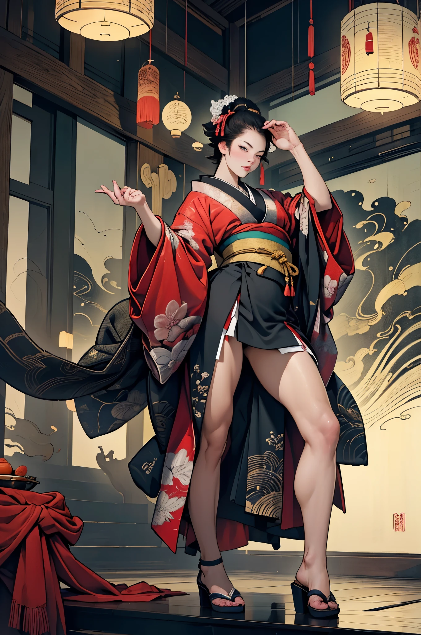 (best quality, highres),woman with nunchaku,traditional Chinese dress with exquisite embroidery,sensual,disheveled hair,expressing agility and gracefulness,full body,dynamic poses,energetic movements,vibrant colors,Chinese martial arts style,striking contrast between the dress and the background,soft lighting,poise and confidence.