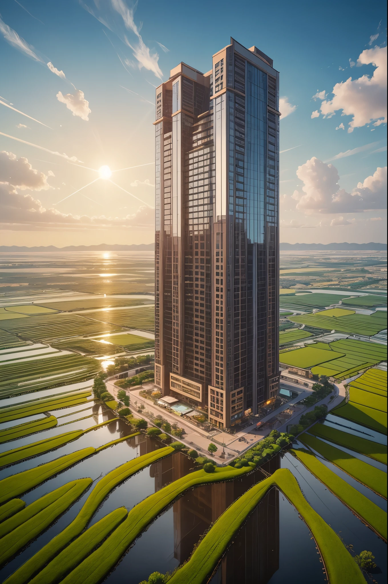 Start creative fusion mode,Combining the serenity of the rice fields with the energy of the city。first,Draw a vast rice field,Golden rice swaying in the sun,Presenting a peaceful and beautiful rural scene。then,In the center or edge of a rice field,Depict a modern city high-rise building,Glass curtain walls of high-rise buildings reflect sunlight,shining,Show the prosperity and vitality of the city。Ensure that urban and rice field elements echo each other,form a sharp contrast,while also maintaining overall unity。Through delicate brushstrokes and rich colors,Perfectly blending the tranquility of the rice fields with the vitality of the city,Showing the coexistence of nature and civilization。