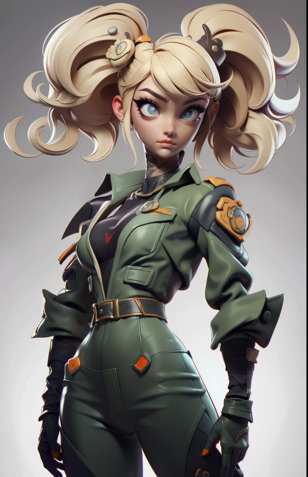 11:23(((Best quality at best: 1.4))),(Unparalleled tmasterpiece), (hyper HD),(Hyper-realistic 8k CG)、(White hair),(Short hair details),(Look up),(Put your hands on your waist), ((( body))), (((1 girl in))), 25-year-old American soldier with perfect body,,Beautiful and well-groomed face,muscular body:1.2,solid orange jacket with details, (Pictures from head to thighs), Complex equipment, long trousers,The clothes inside are dark, ),Gorgeous and fearless female warrior, fit and muscular body, military shirt, bshoulders, dark gold hair, tattooed arms, Full detail on the face, high detal, actual, Photoquality, high high quality, (photoactual:1.4), The content is very detailed, tmasterpiece, high high quality阴影,