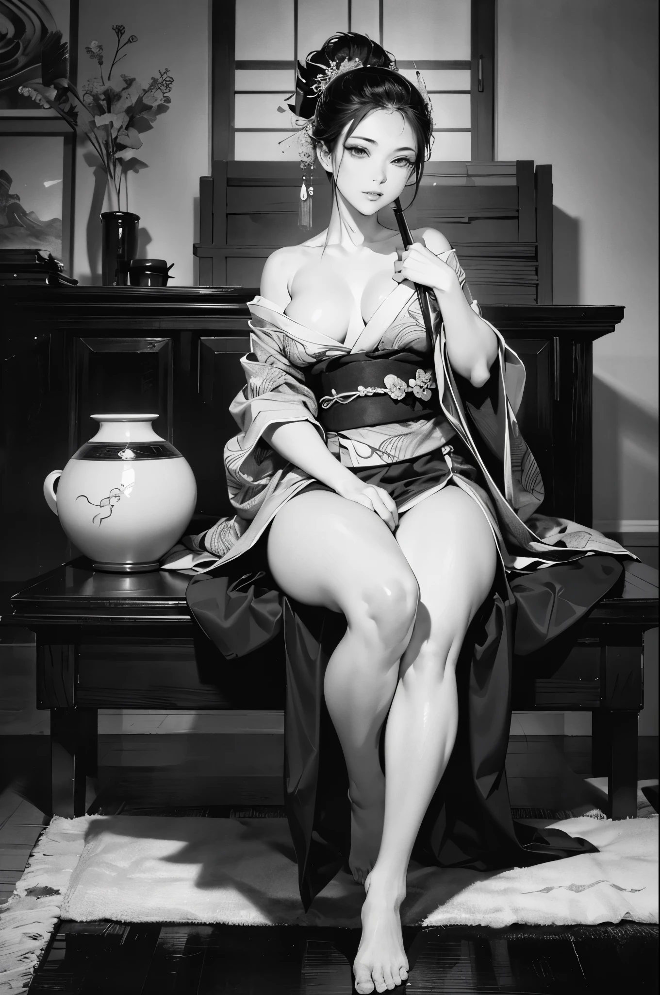 Umalinda warrior sexy, pretty face, Delicious Company, Alluring figure, Wearing a sexy open kimono. The artwork is created in a medium reminiscent of Japanese ink paintings....., 具有大胆的笔触和Monochromatic color palette. artist&#39;Masterful technique reveals the intensity and power of the image&#39;sense of presence，with the highest quality, Perfectly capture every detail with ultra-high resolution. Textures and intricate patterns on kimonos are rendered with extreme precision. Lighting is carefully designed，Enhance drama, Features deep shadows and subtle highlights. General, The artwork exudes elegance and power, Combining traditional Japanese aesthetics with a modern feel. Monochromatic color palette, Combine details, Create captivating and immersive experiences for your audience.