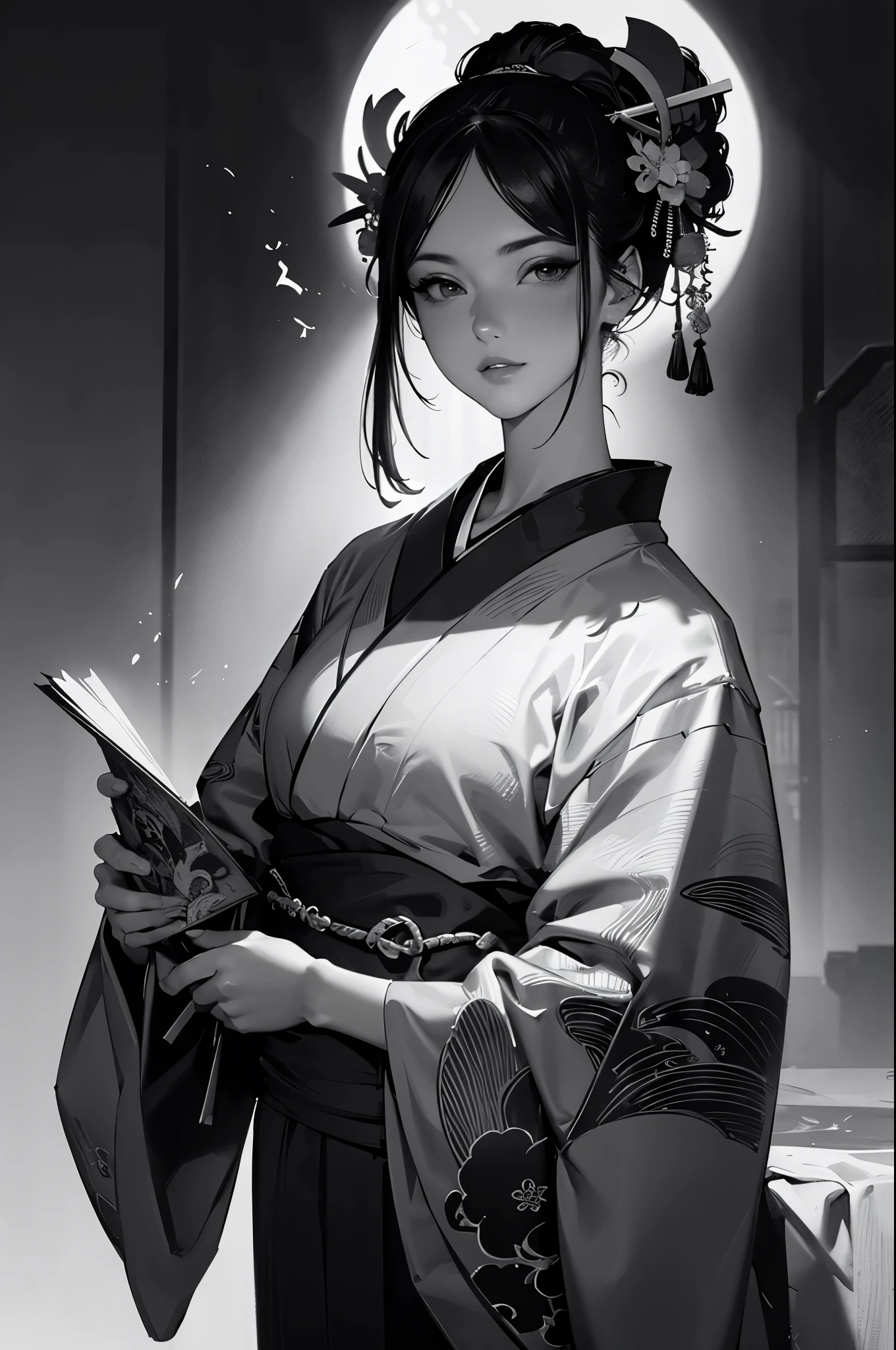 Umalinda warrior sexy, pretty face, Delicious Company, Alluring figure, Wearing a sexy open kimono. The artwork is created in a medium reminiscent of Japanese ink paintings....., 具有大胆的笔触和Monochromatic color palette. artist'Masterful technique reveals the intensity and power of the image'sense of presence,with the highest quality, Perfectly capture every detail with ultra-high resolution. Textures and intricate patterns on kimonos are rendered with extreme precision. Lighting is carefully designed,Enhance drama, Features deep shadows and subtle highlights. General, The artwork exudes elegance and power, Combining traditional Japanese aesthetics with a modern feel. Monochromatic color palette, Combine details, Create captivating and immersive experiences for your audience.